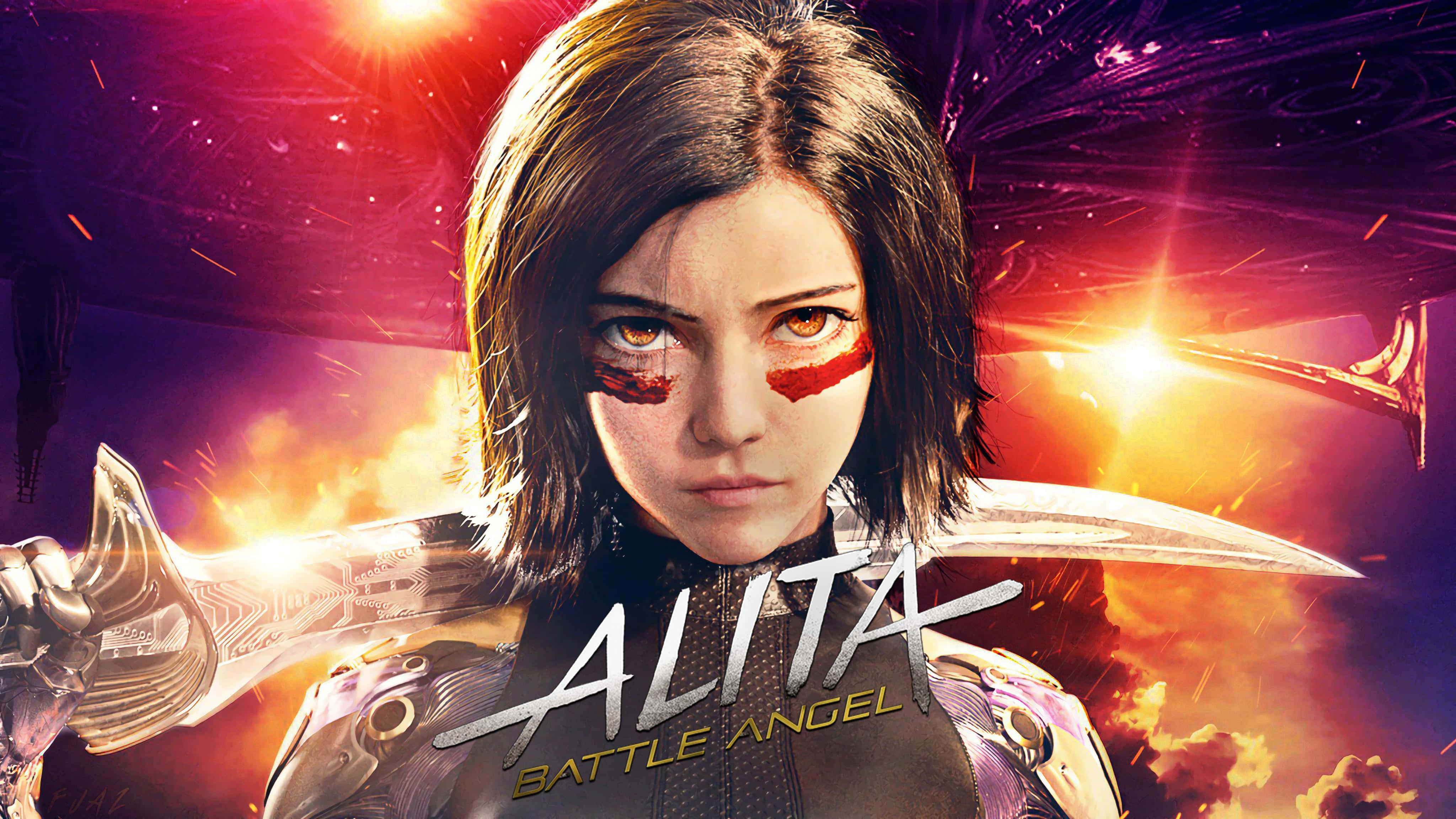 Alita Battle Angel 桌布 壁紙 — Cyberpunk 戰士 Alita 以發光的眼睛和刀刃挑釁地站在熾熱的宇宙背景下。