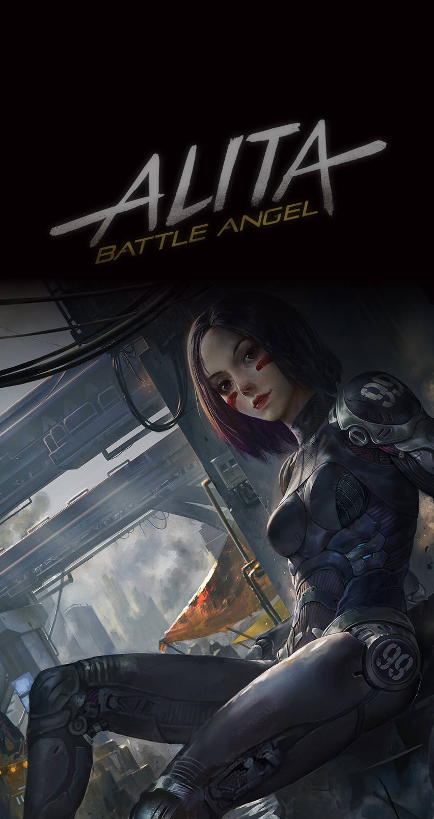 Alita Battle Angel 桌布 壁紙 — Cyberpunk 戰士 Alita 坐在一個被雨水浸濕的未來城市景觀中，周圍有霓虹燈和高聳的鋼結構。