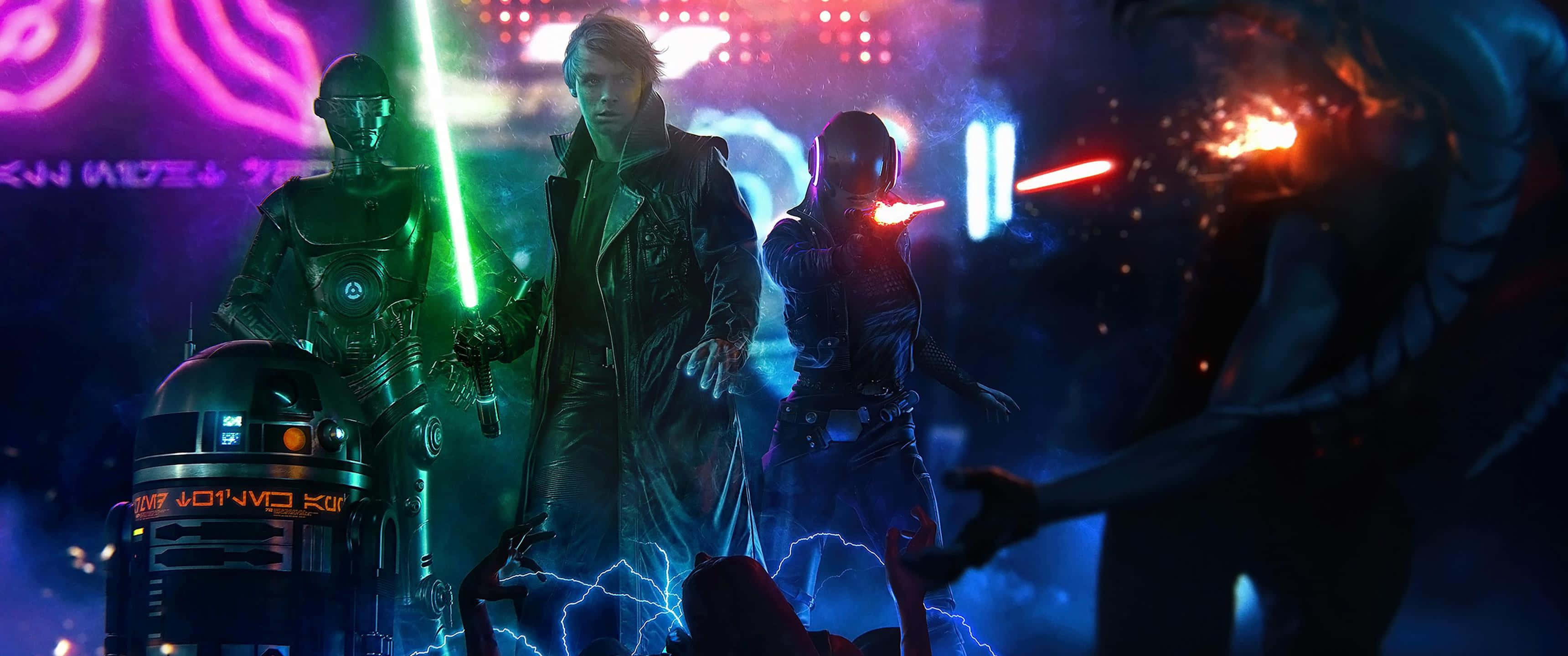 桌布 壁紙 — Cyberpunk 英雄手持發光光劍在霓虹燈閃爍的未來主義小巷中夜戰。