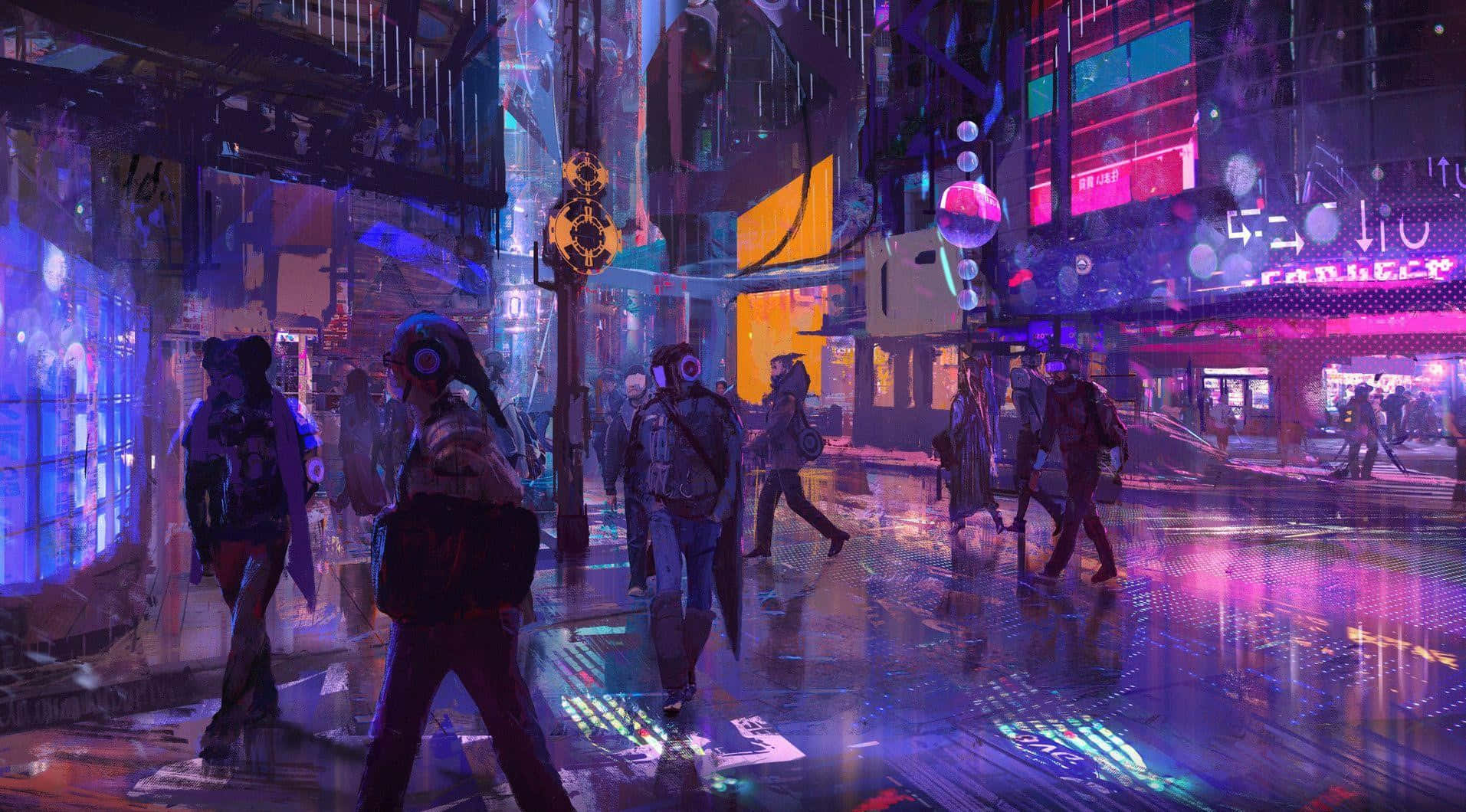 Cyberpunk Laptop 桌布 壁紙 — Cyberpunk 行人走過一條充滿霓虹燈、被雨水浸濕的未來主義城市街道，反射著發光的招牌。