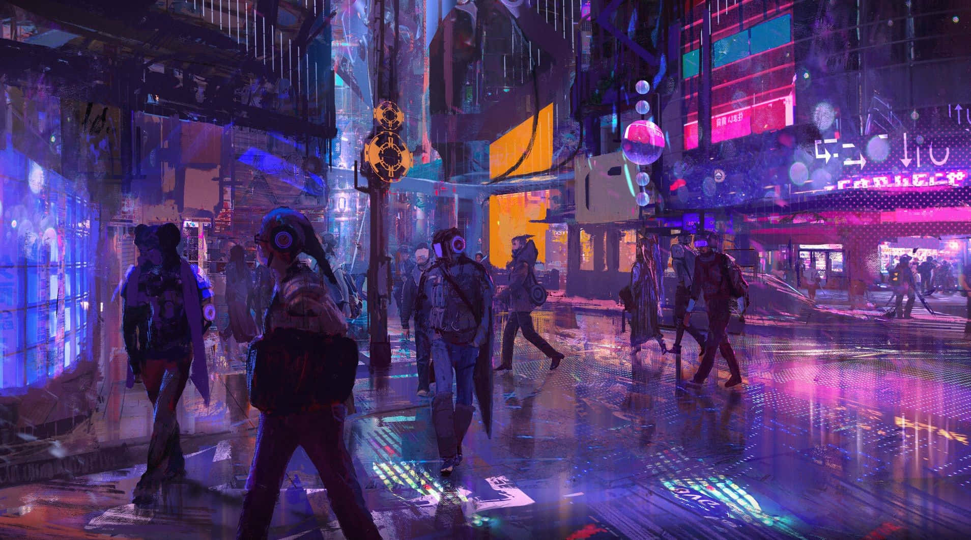 日本 桌布 壁紙 — Cyberpunk 行人走過一條被霓虹燈和雨水浸透的街道，反射著發光的數位廣告看板。