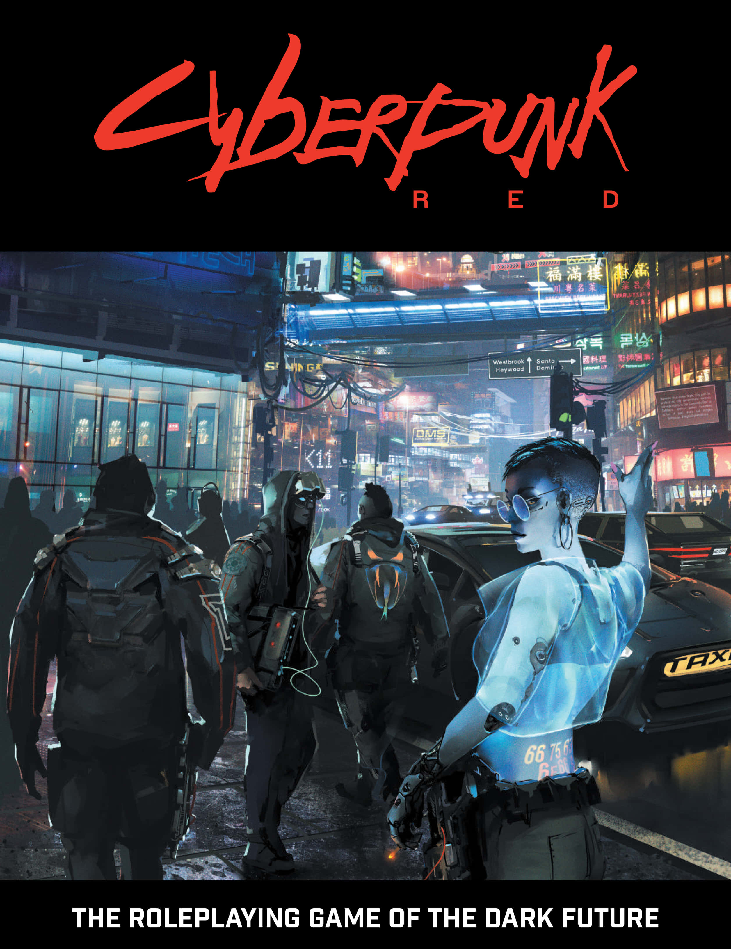 賽博龐克 桌布 壁紙 — Cyberpunk 角色在夜晚穿過霓虹燈照亮、雨水浸濕的黑暗未來城市街道。