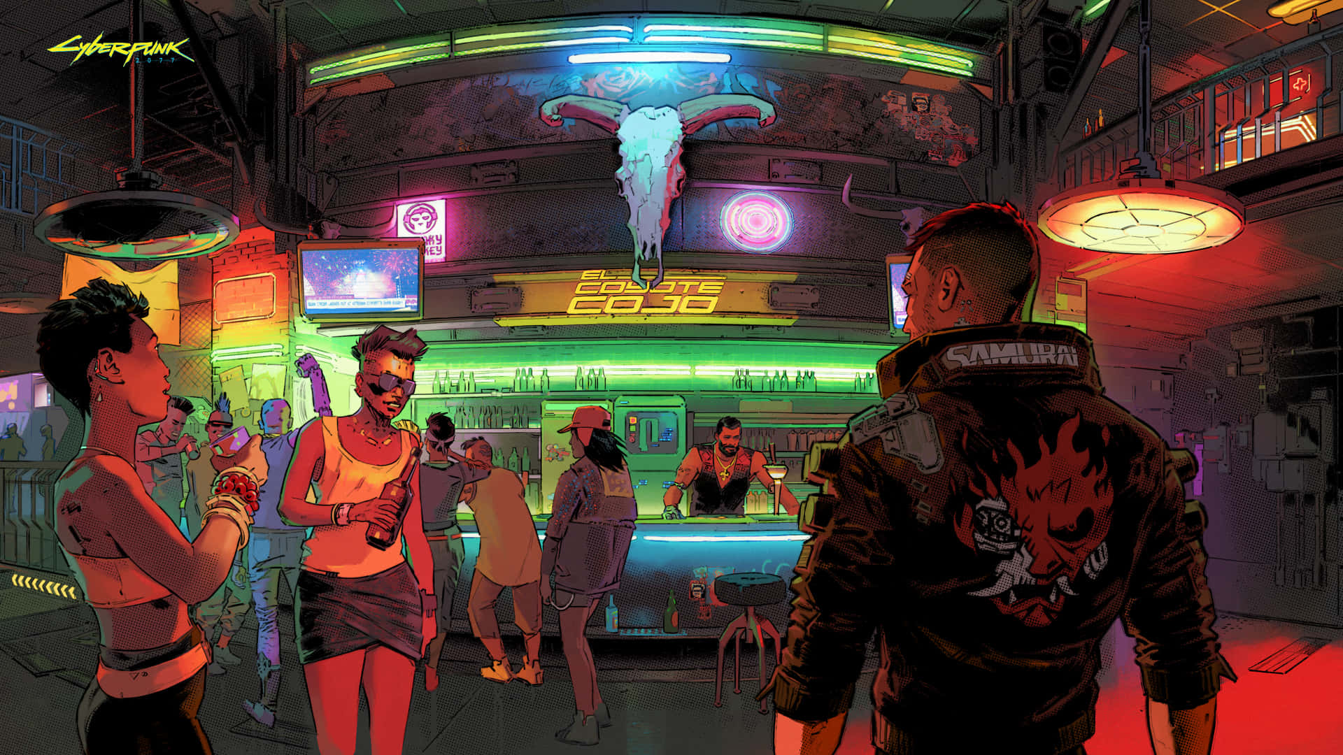 賽博龐克 桌布 壁紙 — Cyberpunk 酒吧顧客在霓虹燈下跳舞，櫃檯上方有一個發光的公牛頭骨。