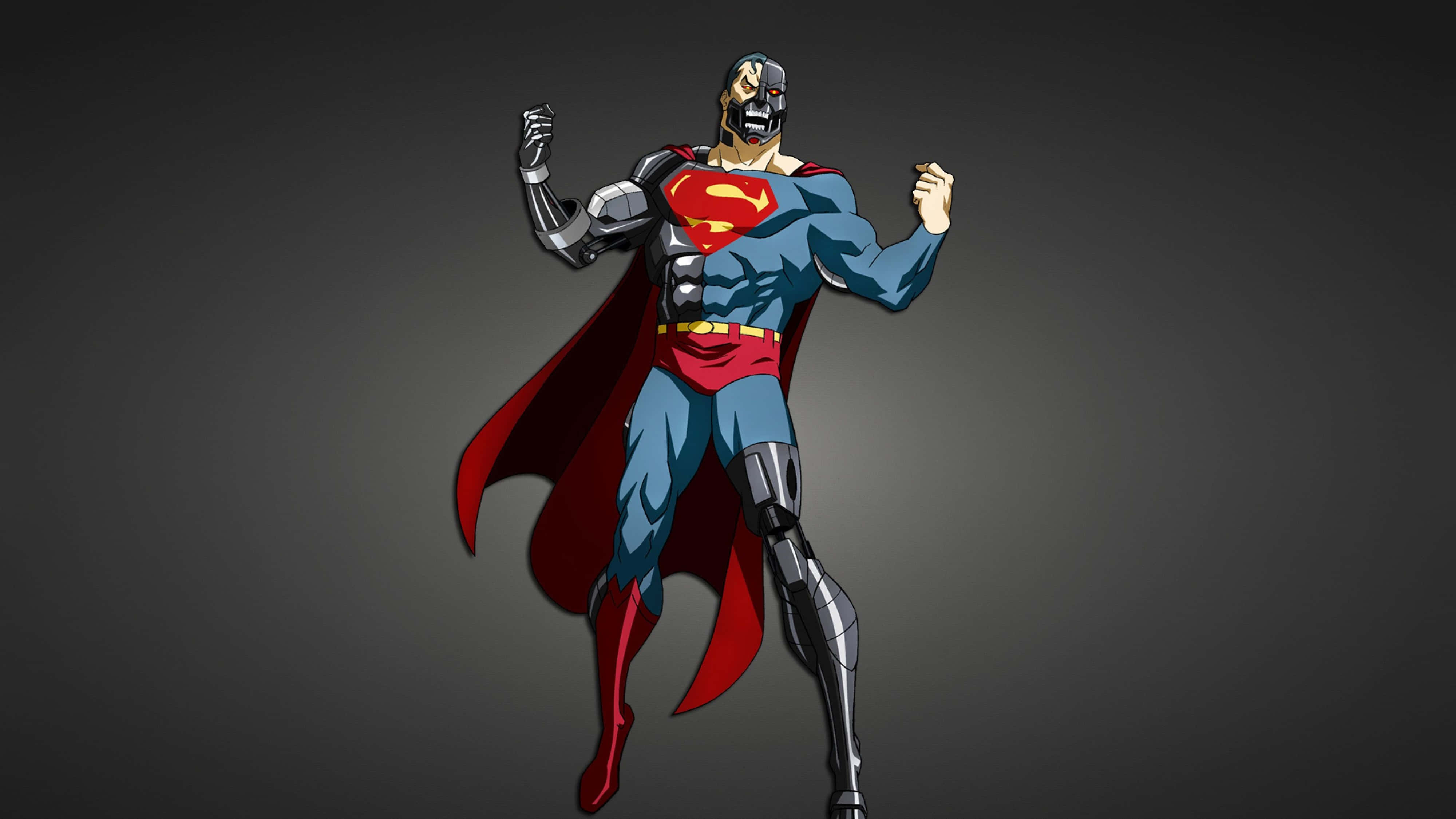 桌布 壁紙 — Cyborg Superman 英雄式站立，眼睛發光，機械肢體，背景為深色漸層。