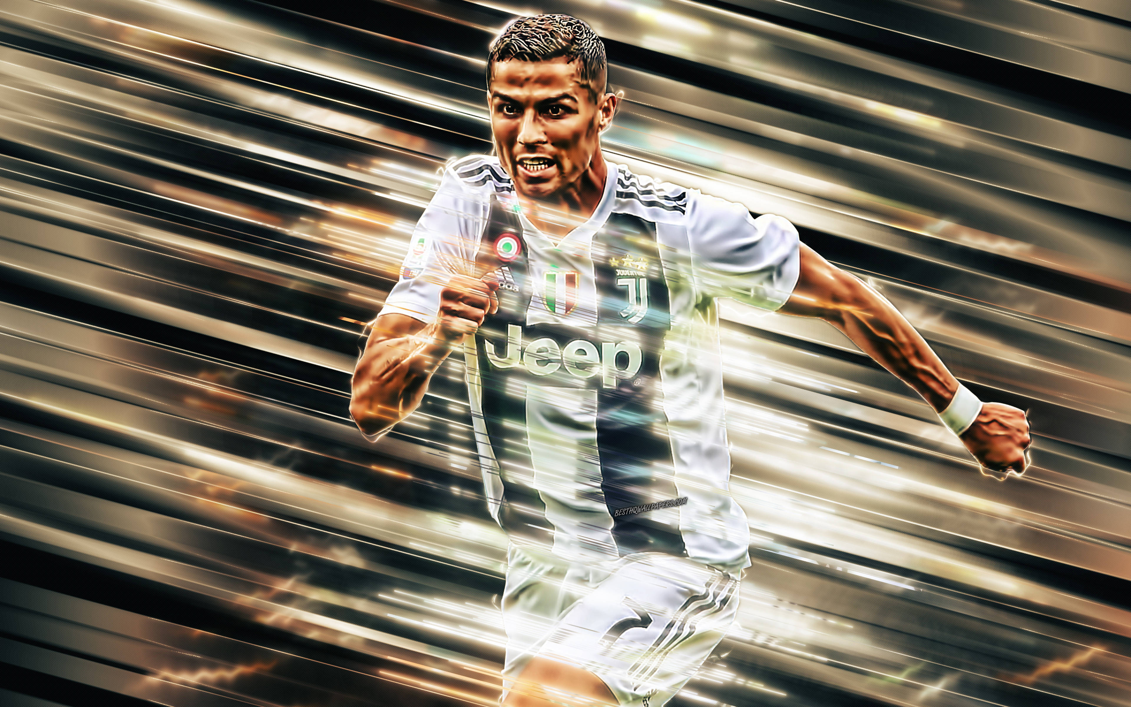 Ronaldo 桌布 壁紙 — C羅身穿尤文圖斯球衣，在金色條紋背景上衝刺。