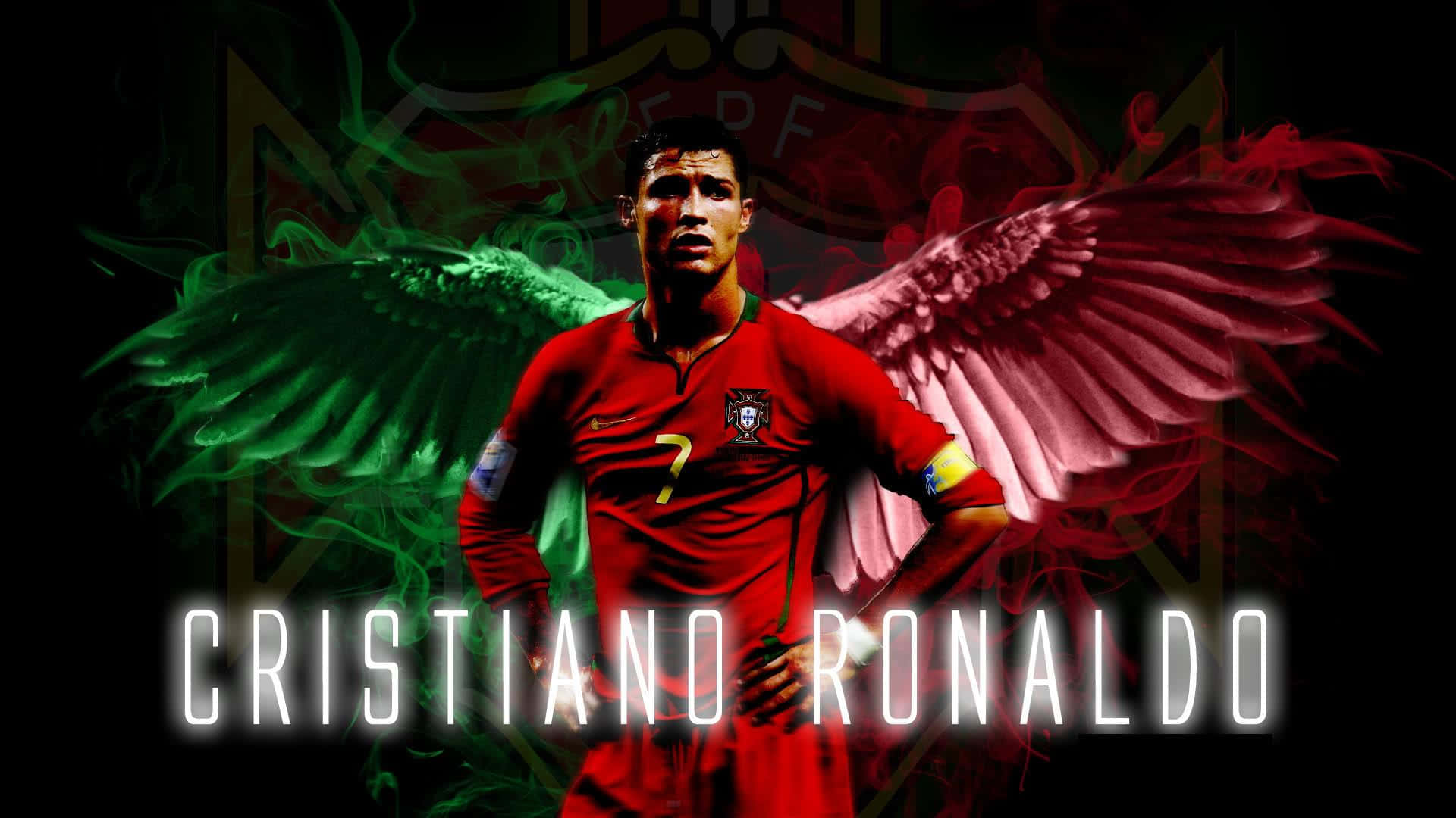 Cristiano Ronaldo HD 4K 桌布 壁紙 — C羅身穿葡萄牙球衣，帶有綠色和紅色的天使翅膀，背景為深色。