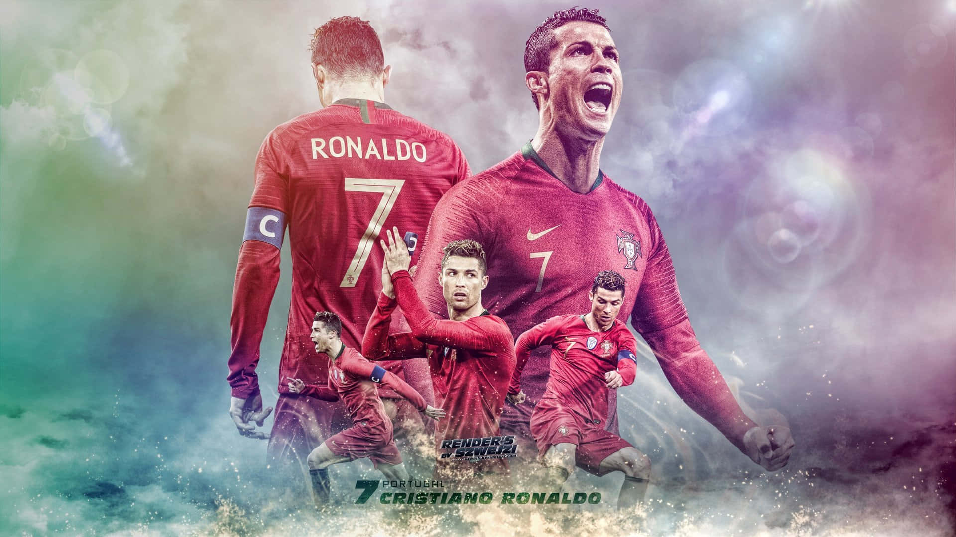 Ronaldo 桌布 壁紙 — C羅身穿葡萄牙紅色球衣，在旋轉的彩色迷霧背景下以多個動態姿勢慶祝勝利。