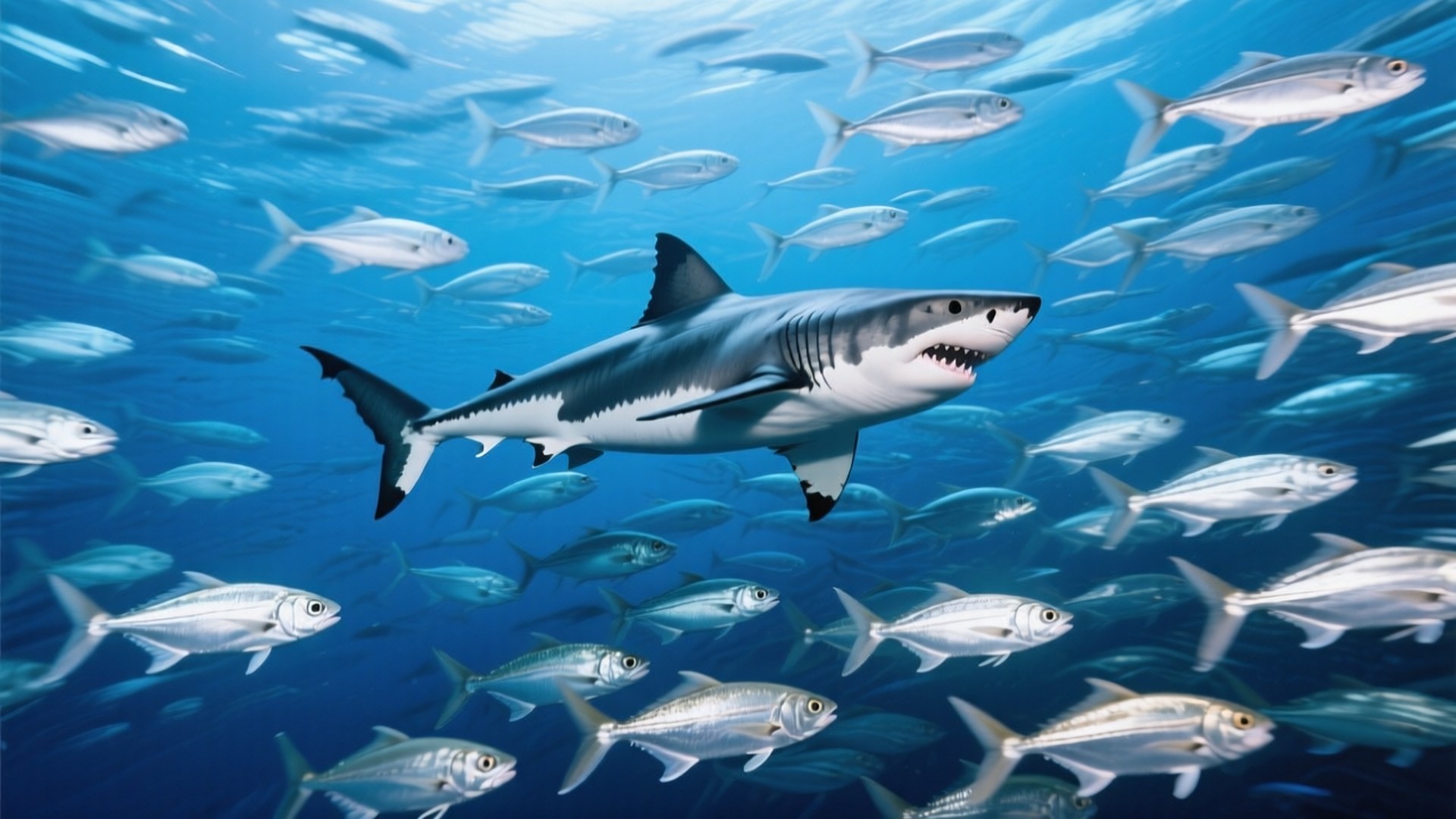 Shark and School 壁紙 — 一條大白鯊在清澈的藍色海水中強力游動，周圍是密集的銀色魚群。