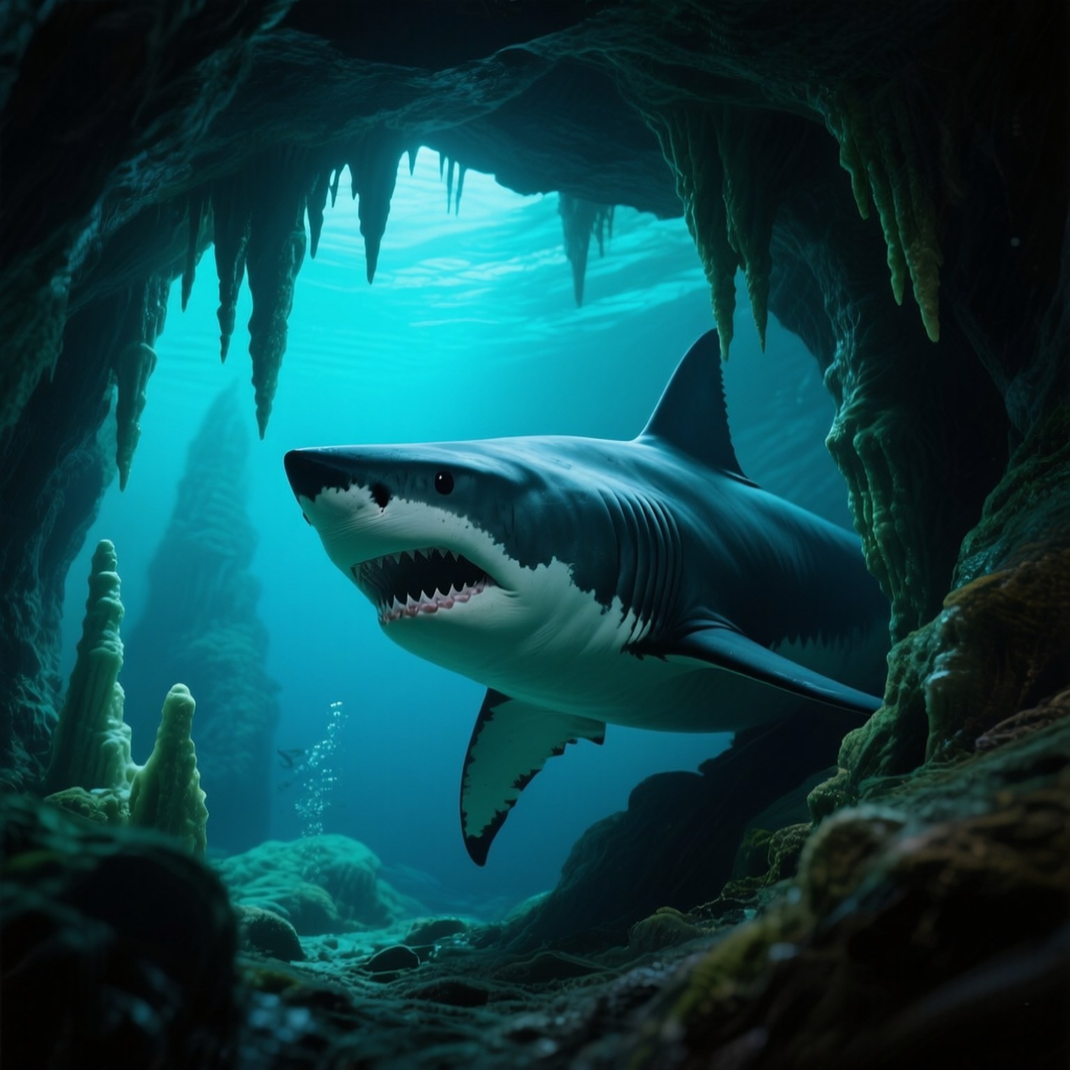 Cave Predator 壁紙 — 一條大白鯊在陽光照射的水下洞穴中游過，洞穴內有鐘乳石和珊瑚形成。