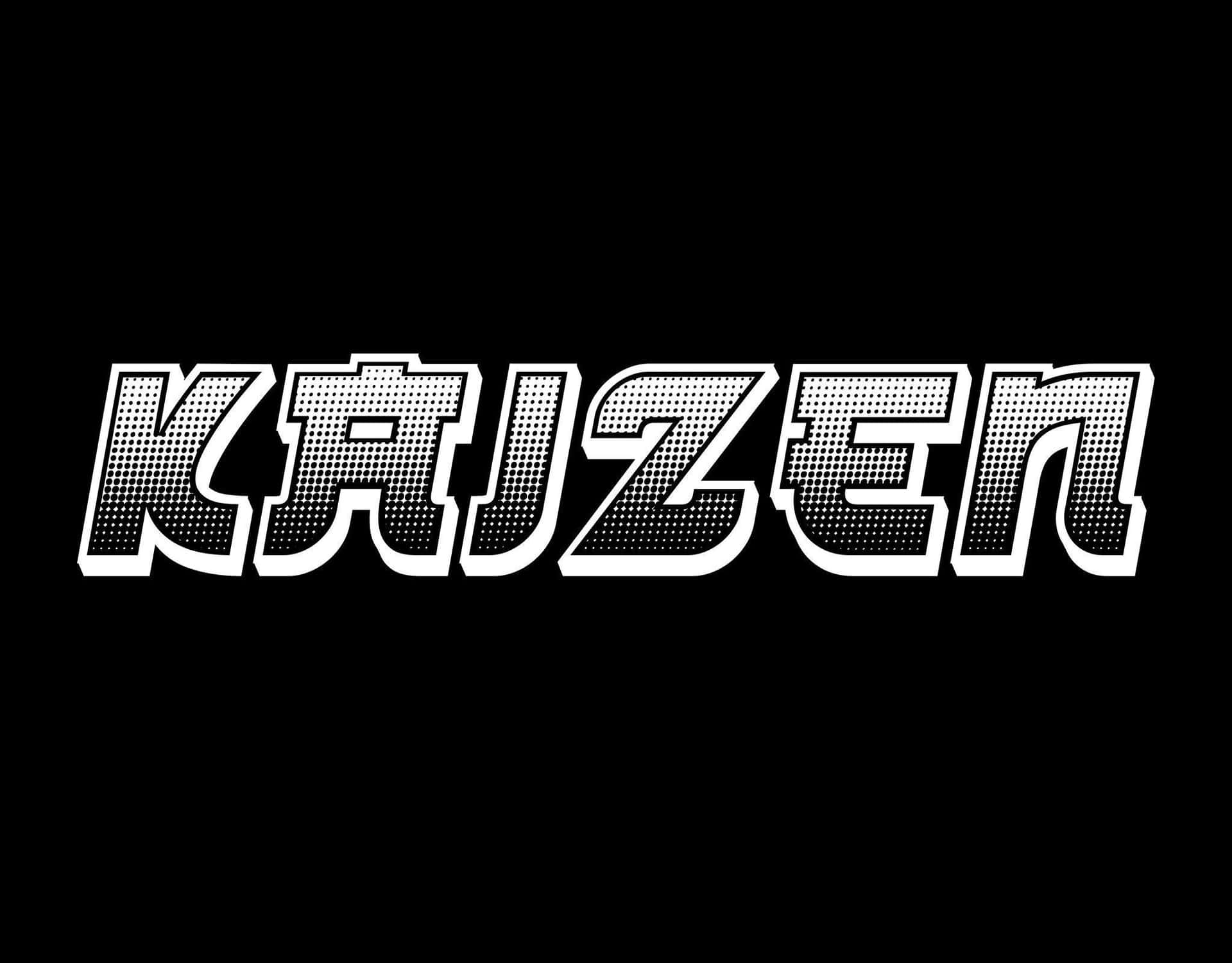  壁紙 — 大膽的白色半色調文字，在純黑色背景上拼出「KAIJZEN」，具有銳利的幾何字體形狀。