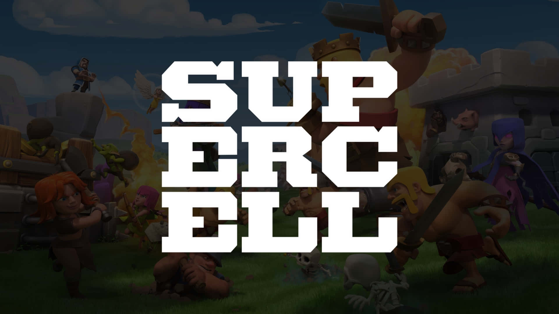  壁紙 — 大膽的白色Supercell標誌覆蓋在充滿活力的卡通戰鬥場景上，其中有奇幻角色和城堡廢墟。