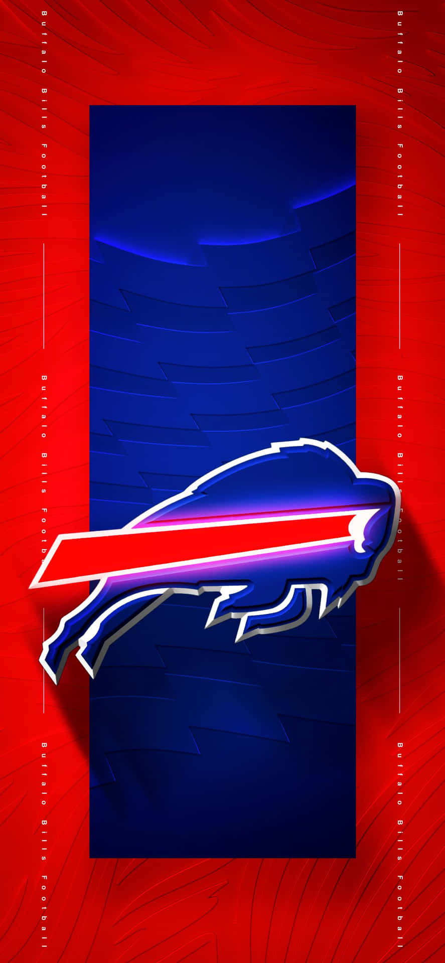  壁紙 — 大膽的 Buffalo Bills 標誌在帶有紋理的紅色和深藍色背景上發出霓虹紅和藍色的光芒。