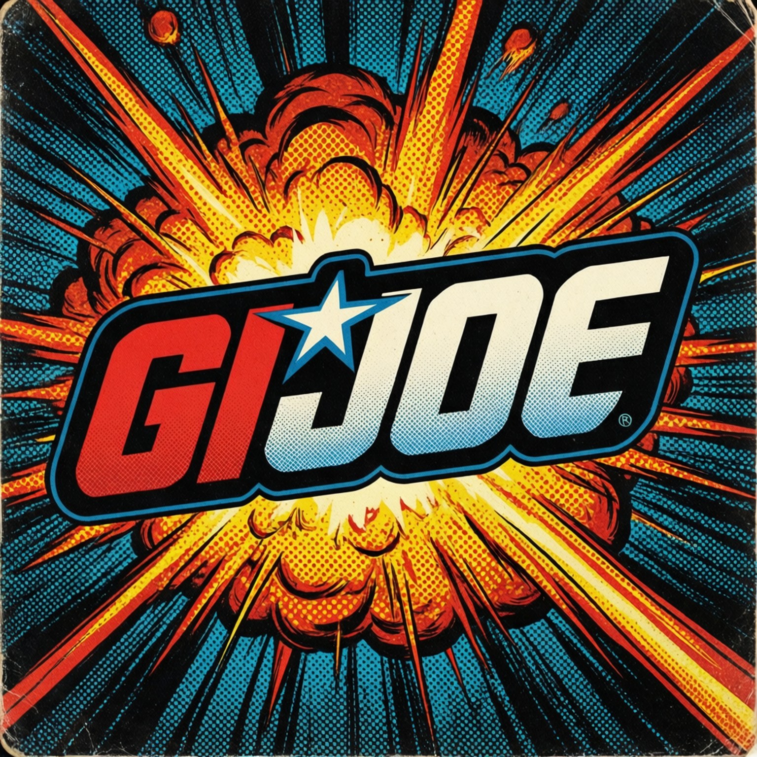 Classic Logo Explosion 壁紙 — 大膽的 GI JOE 標誌從火熱的漫畫爆炸中迸發出來，背景為藍色半色調。