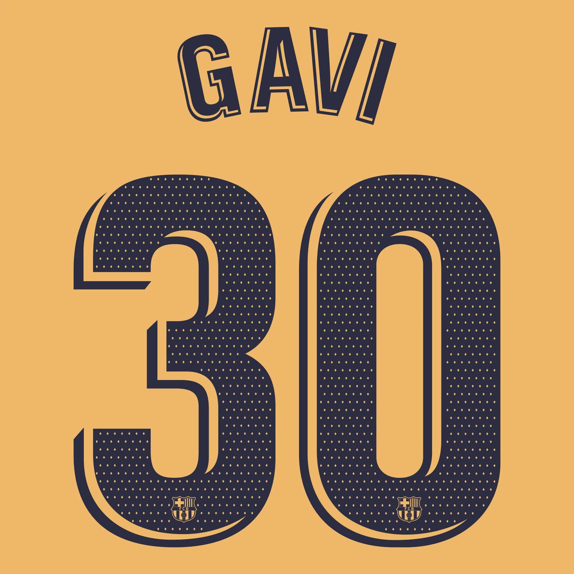  壁紙 — 大膽的海軍藍色 'GAVI 30' 球衣號碼，帶有 FC Barcelona 徽章，背景為芥末黃色。