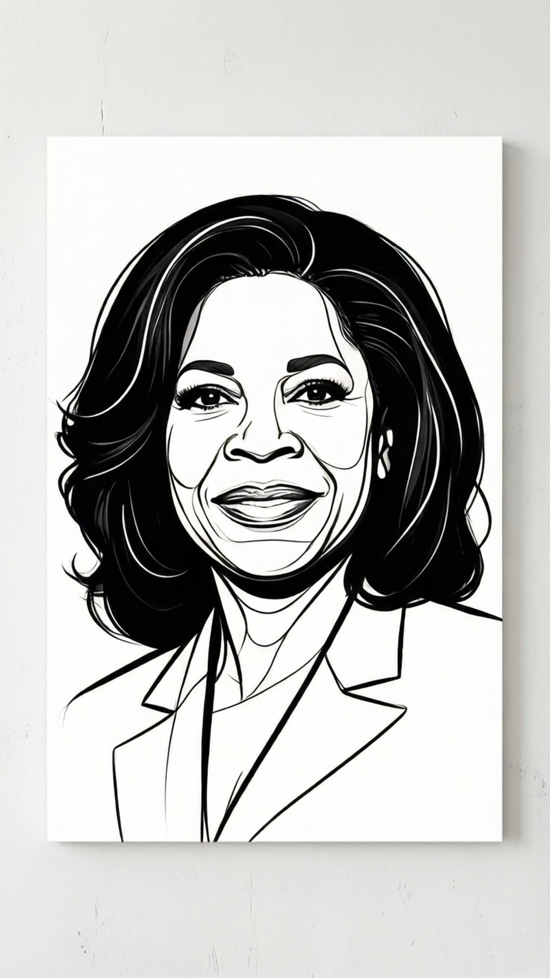 Oprah Line Art 壁紙 — 一幅大膽的黑白線條藝術肖像，歐普拉·溫芙蕾穿著西裝外套，在素牆前溫暖微笑。