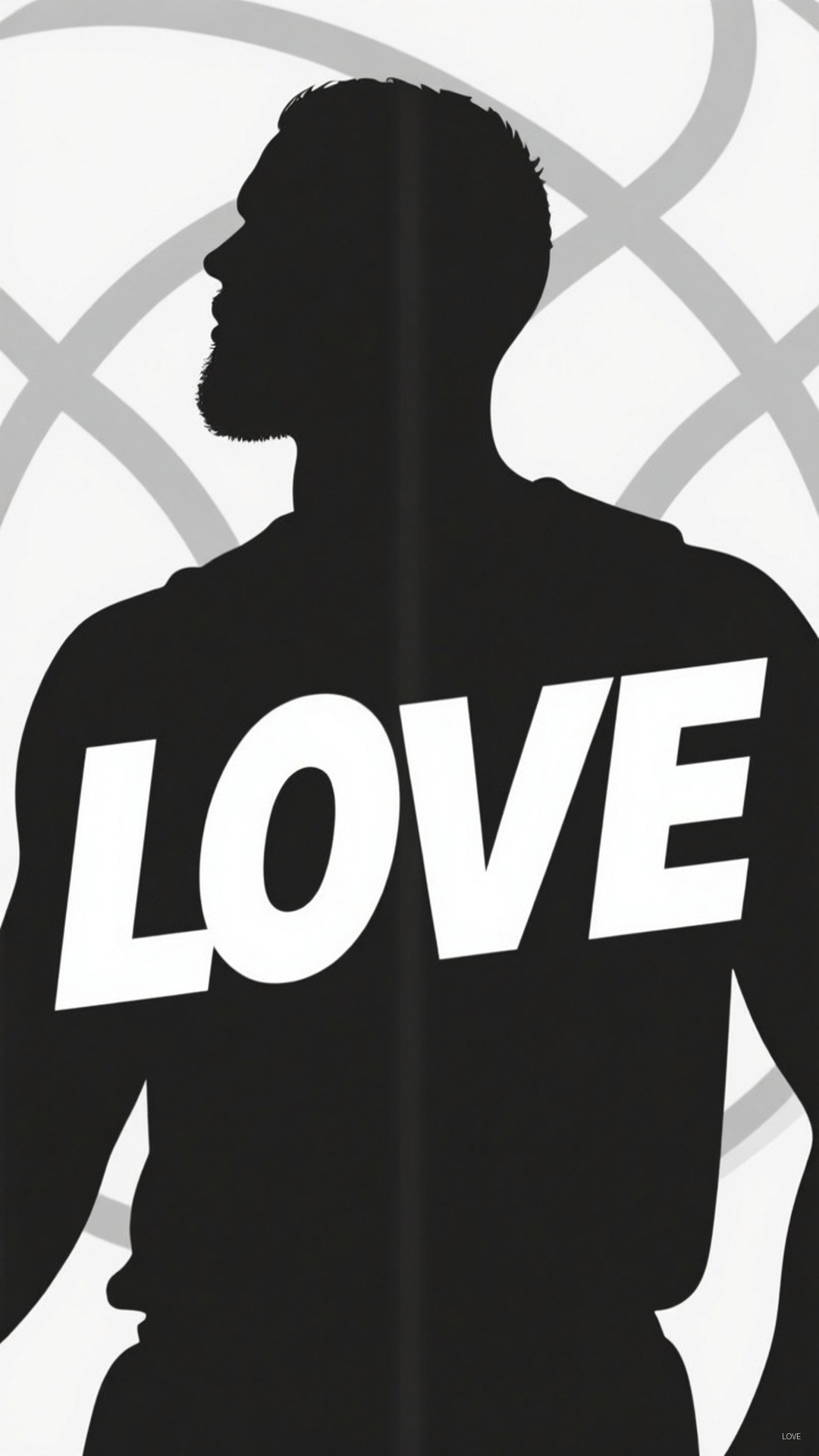 Love Typography 壁紙 — 一個大膽的黑色剪影，一個留鬍子的男人側面，白色粗體字母LOVE橫跨他的軀幹，背景為幾何灰色。