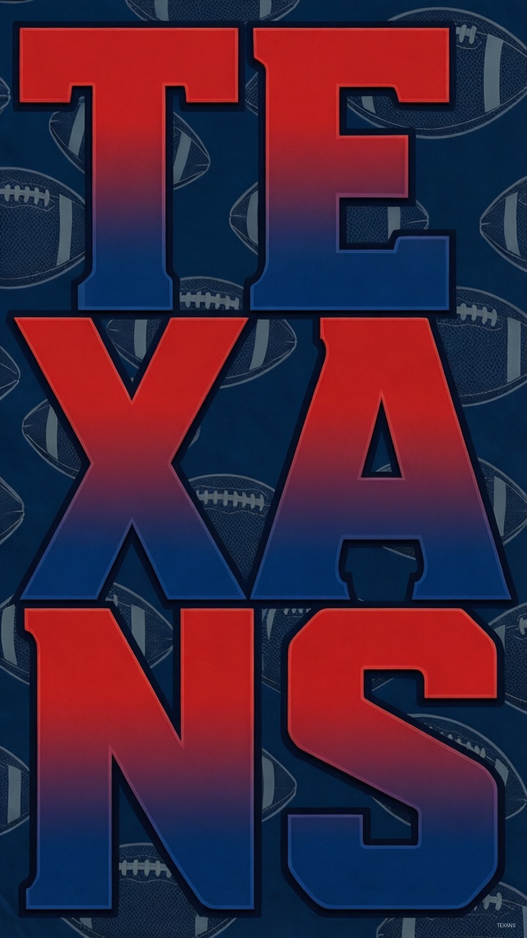 Bold Texans Lettering 壁紙 — 大膽的紅藍漸變 Texans 字母在深藍色足球圖案背景上佔據主導地位。