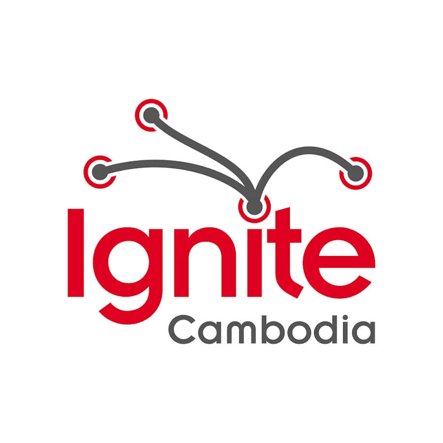  壁紙 — 大膽的紅色Ignite Cambodia標誌，帶有抽象的灰色分支線條和紅色圓圈，背景為白色。