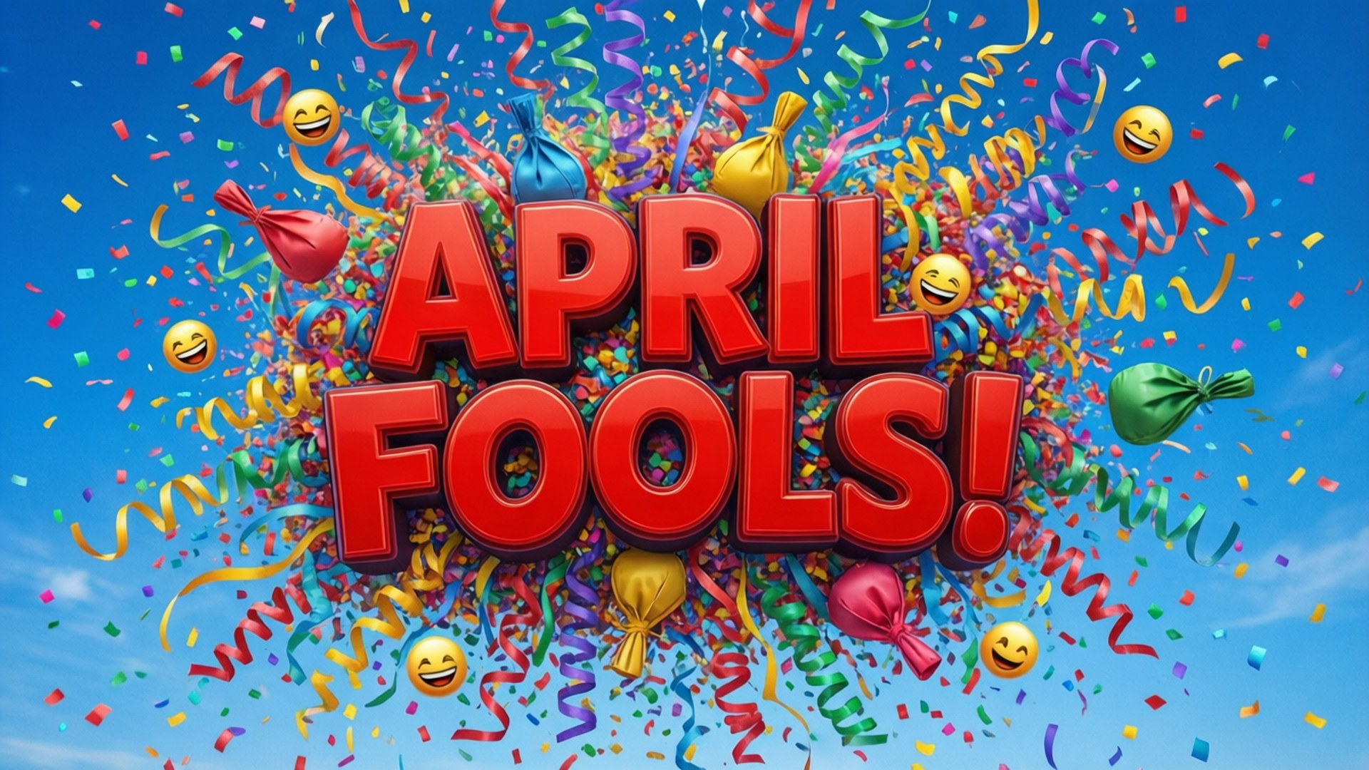 Confetti April Fools Explosion 壁紙 — 大膽的紅色「愚人節！」文字伴隨著五彩紙屑彩帶、笑臉表情符號和氣球在明亮的藍天下綻放。