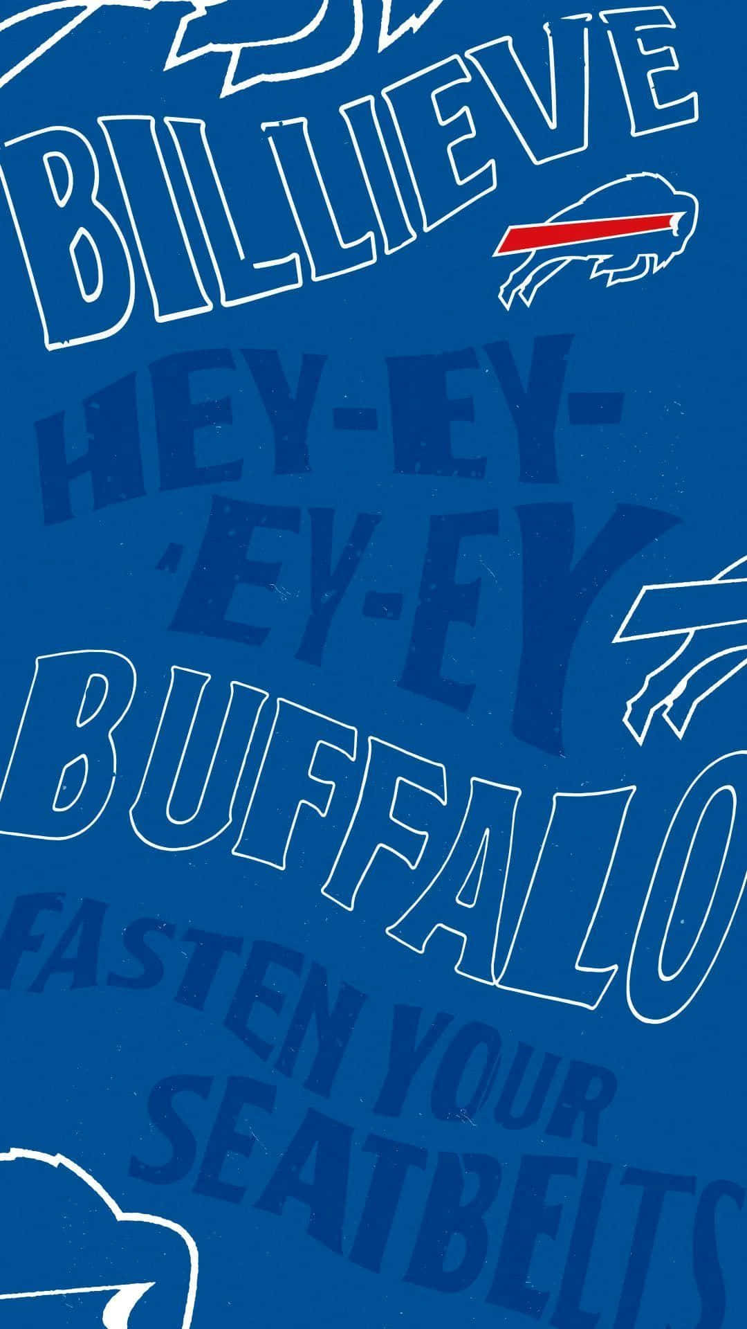  壁紙 — 大膽的藍色壁紙，帶有白色輪廓的 Buffalo Bills 文字和標誌，營造出高能量的體育迷氛圍。