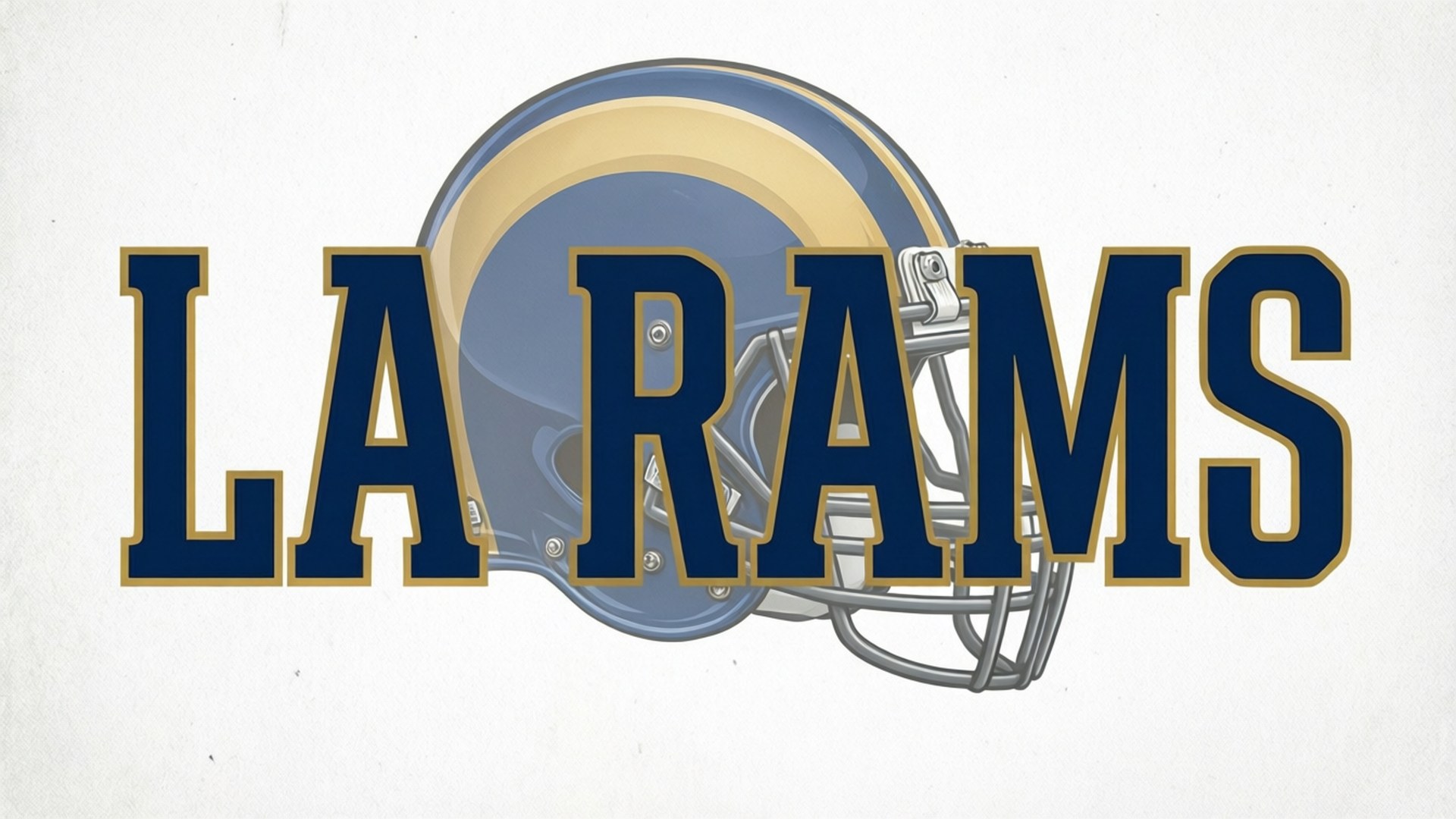 Los Angeles Rams 桌布 壁紙 — 大膽的藍色和金色LA Rams美式足球頭盔標誌，在紋理白色背景上用方塊字體顯示球隊名