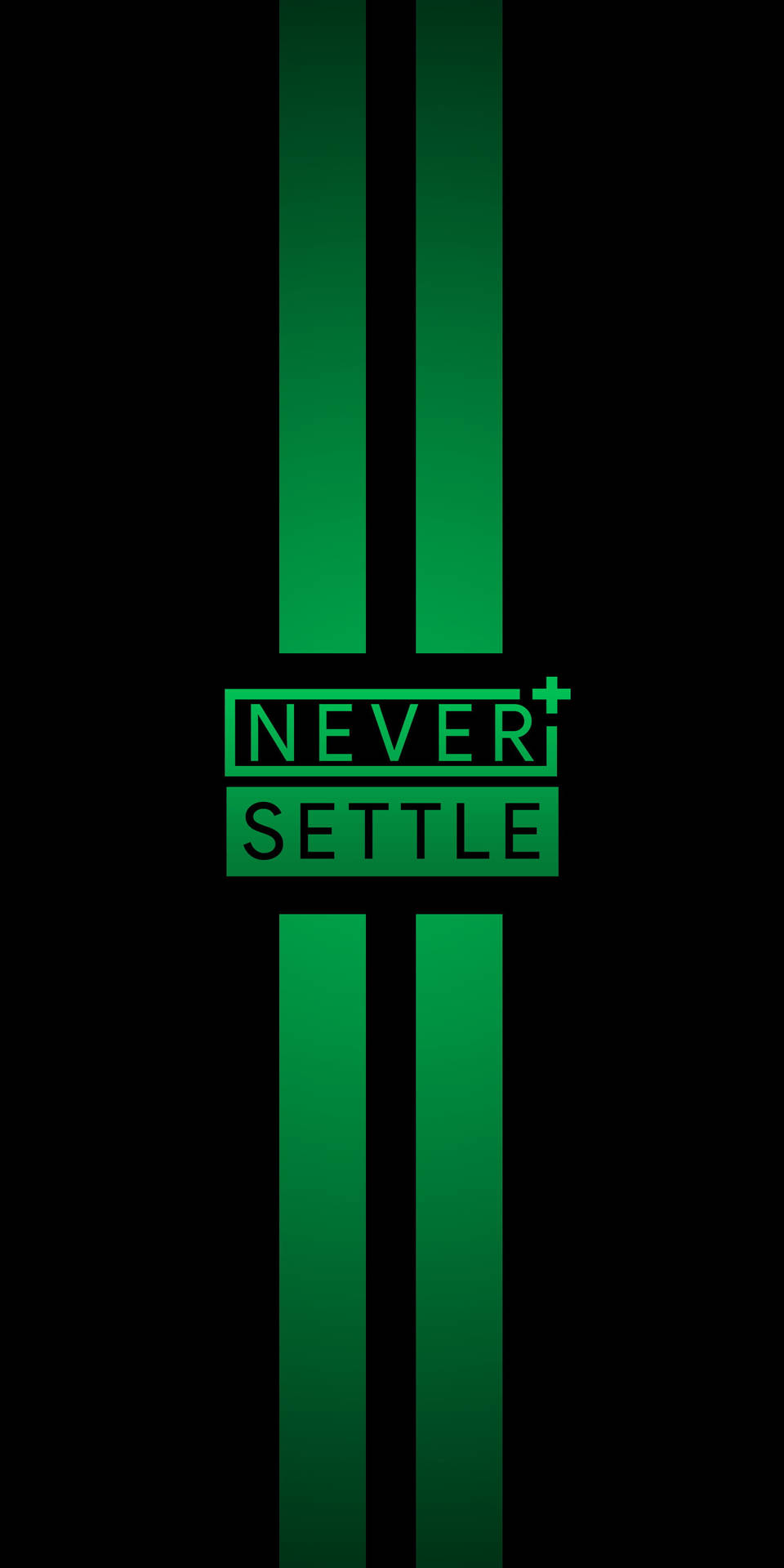 黑色背景上的綠色「NEVER SETTLE」標語和垂直條紋。 — 一加 壁紙
