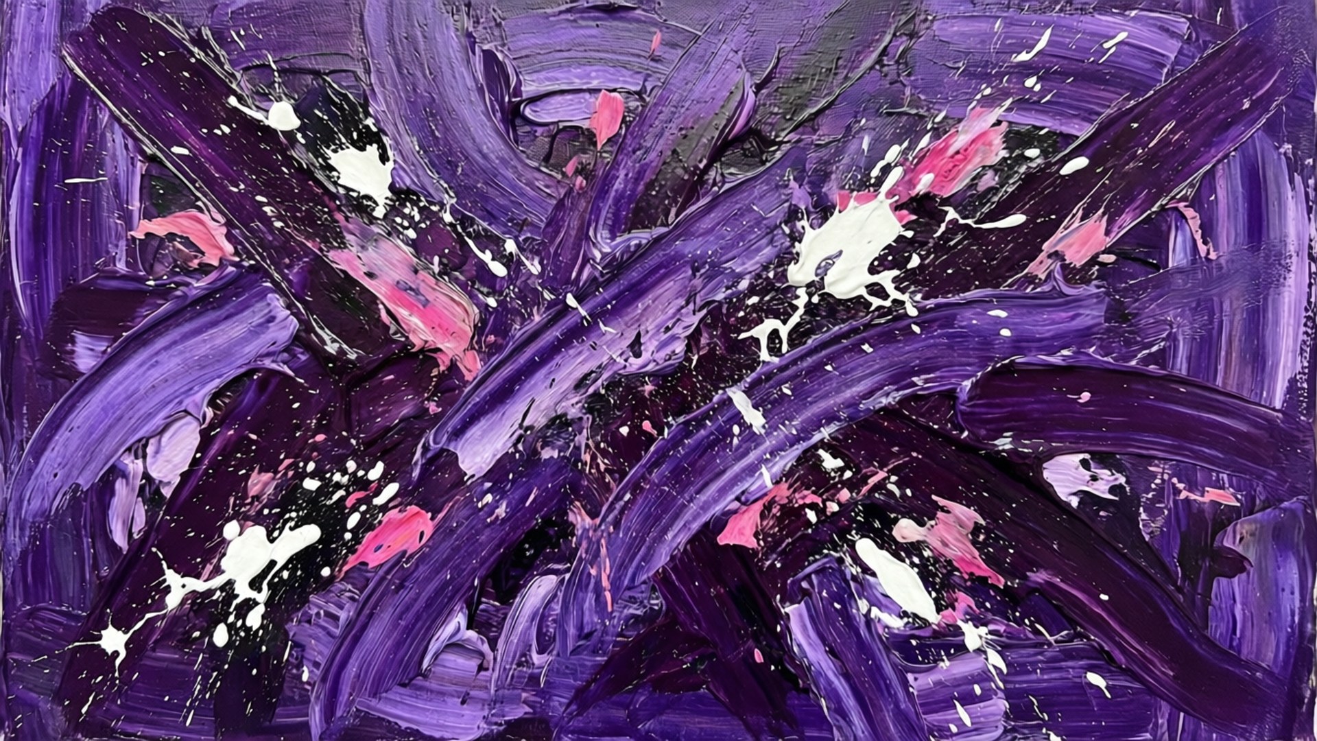 Violet Expressionist Strokes 壁紙 — 大膽的紫色筆觸在畫布上爆發，白色和粉紅色的飛濺創造出動態的抽象構圖。