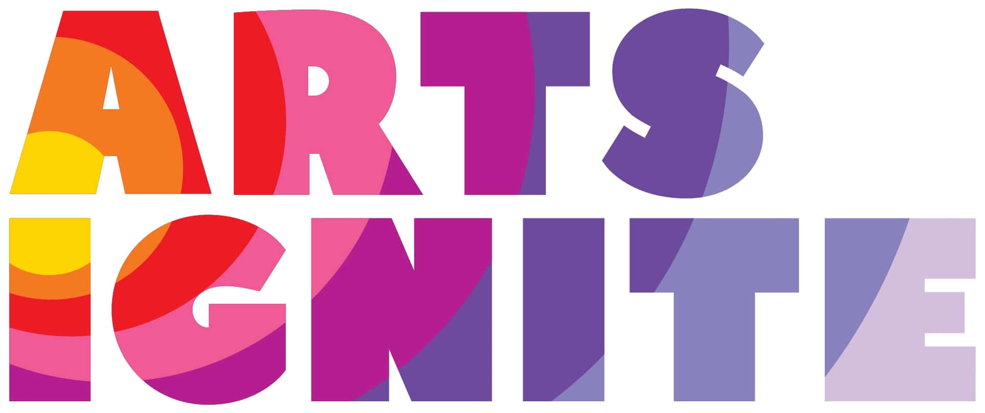  壁紙 — 大膽多彩字母拼出 'ARTS IGNITE'，帶有漸層填充和乾淨的白色背景。