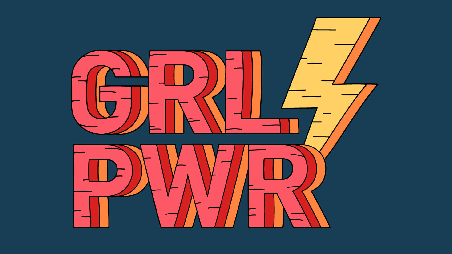  壁紙 — 大膽復古風格的「GRL PWR」文字，帶有層疊的橙色和粉紅色條紋，以及一個黃色閃電，在深藍綠色背景上。
