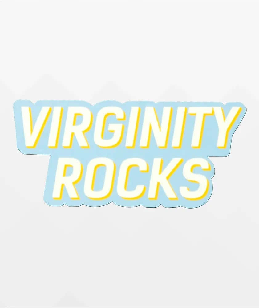  壁紙 — 大膽復古風格文字以白色帶黃色輪廓顯示 virginity rocks，在純色背景上有一個淺藍色雲狀形狀。