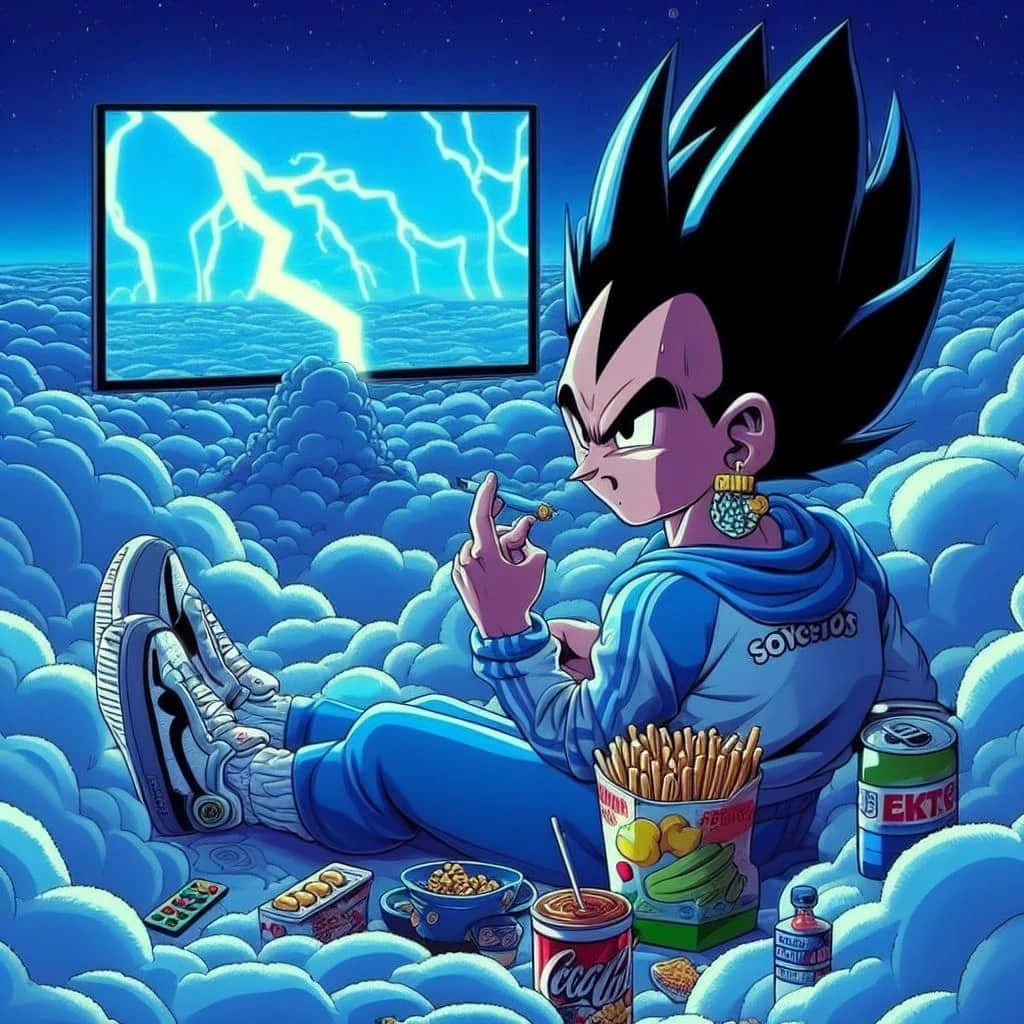  壁紙 — 達爾在 fluffy 雲上穿著藍色連帽衫抽煙，周圍有零食和顯示閃電的電視。