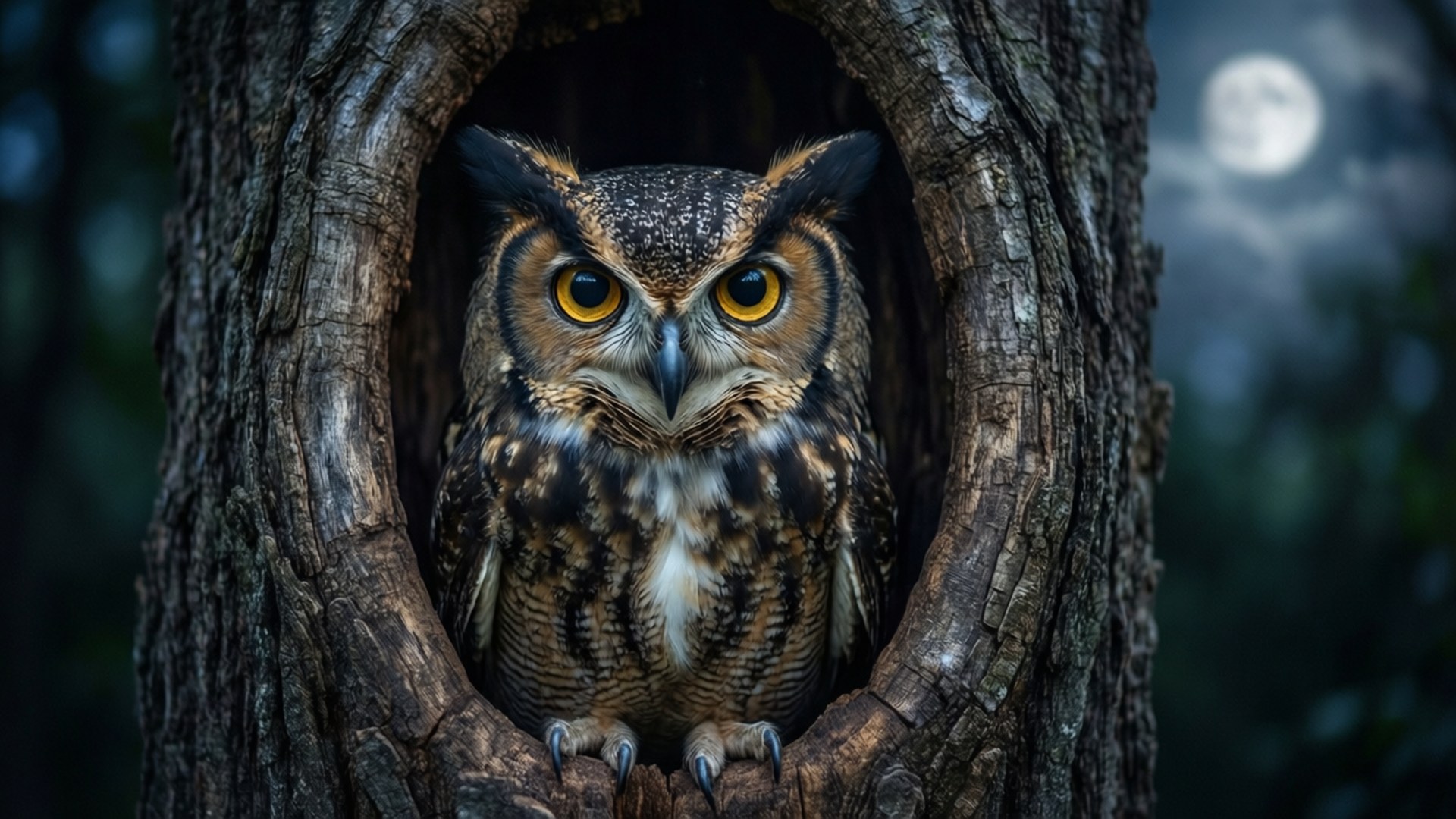 Owl at Night 壁紙 — 一隻大角鴞用銳利的黃色眼睛從空心樹幹中窺視，背景是滿月。