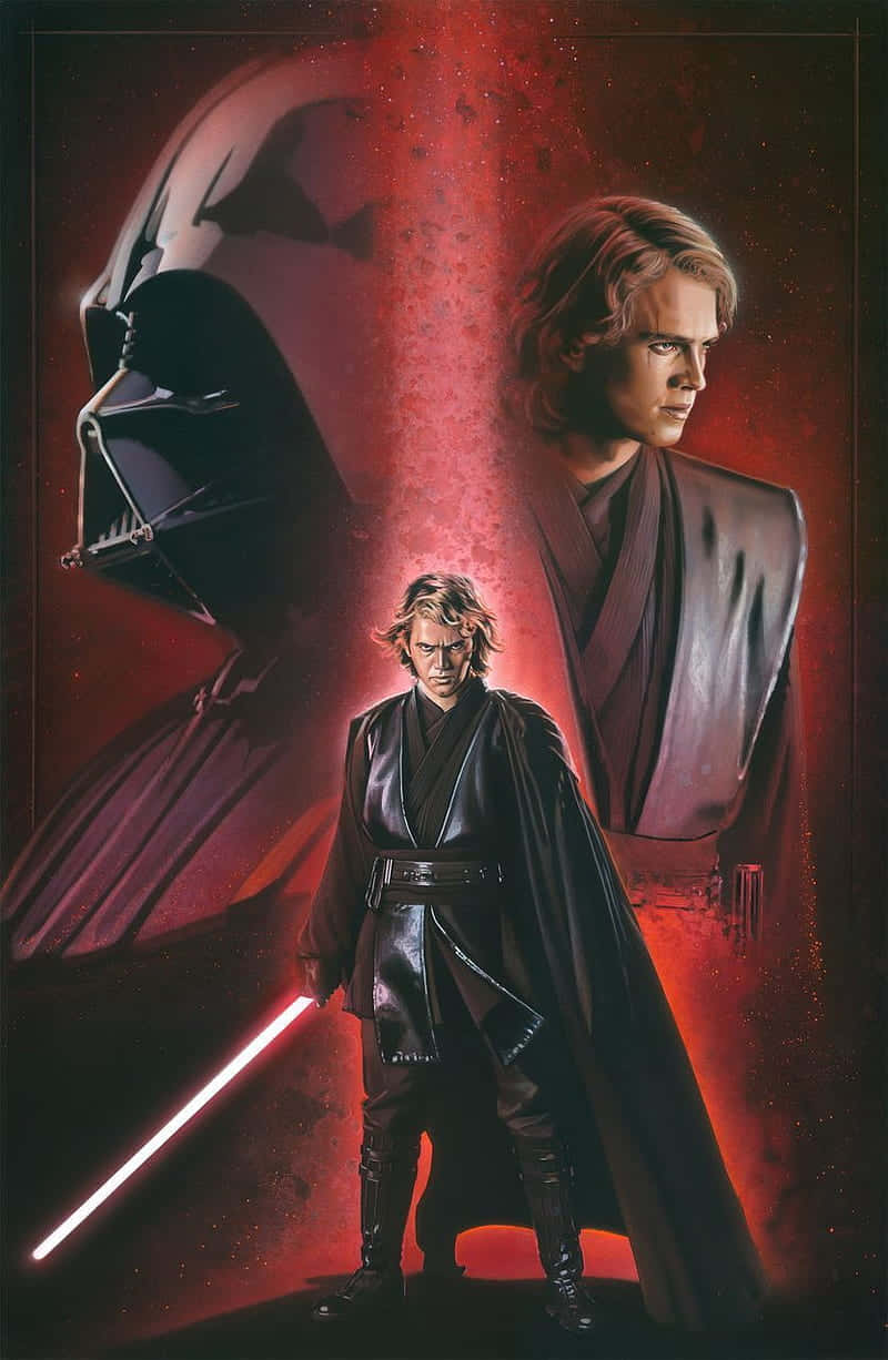 Anakin 桌布 壁紙 — 達斯維達在衝突中的安納金天行者身後若隱若現，他手持紅色光劍，背景是熾熱的紅色宇宙。