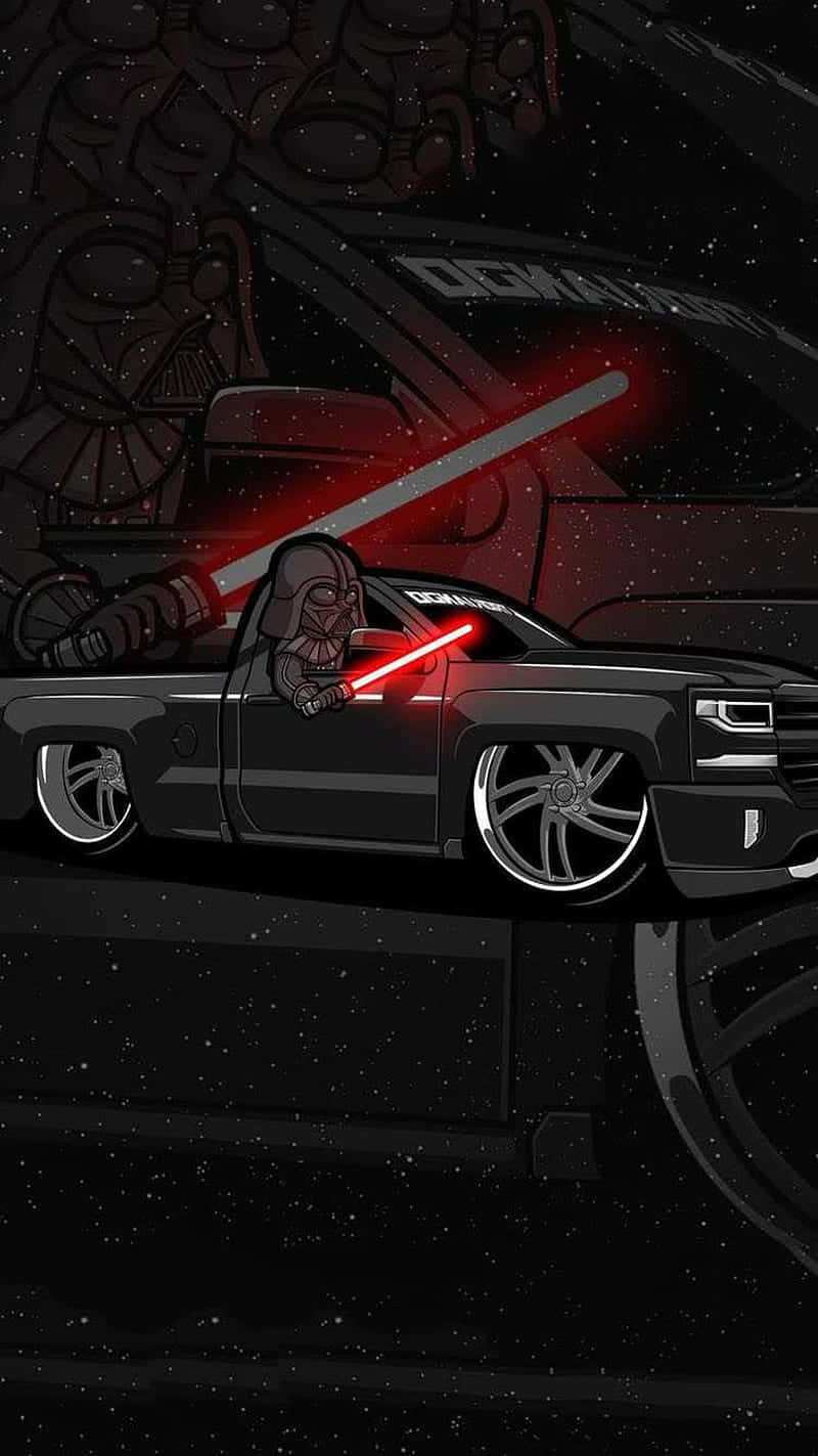  壁紙 — 達斯維達在黑色定制皮卡車內揮舞紅色光劍，背景是星空太空。