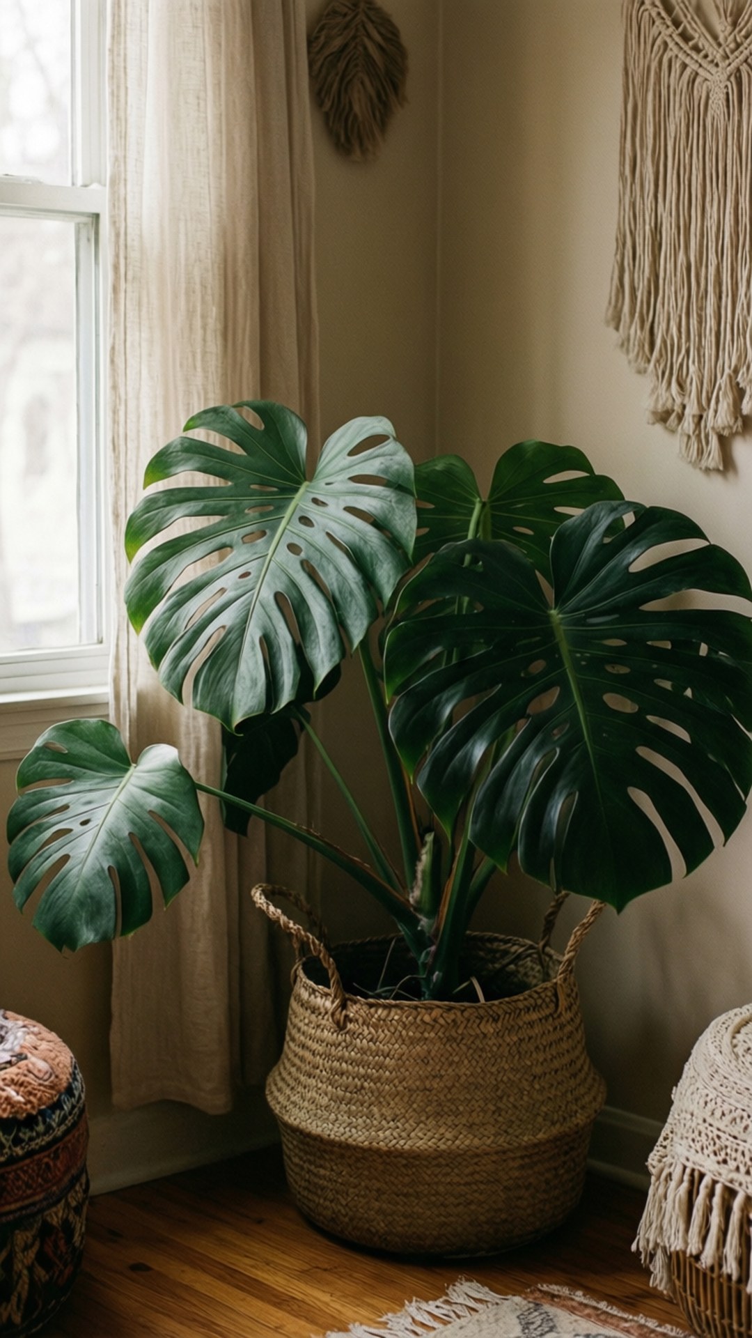 Boho Monstera Corner 壁紙 — 一盆大型龜背芋，深綠色穿孔葉片，放在編織籃中，靠近有薄紗窗簾的窗戶。