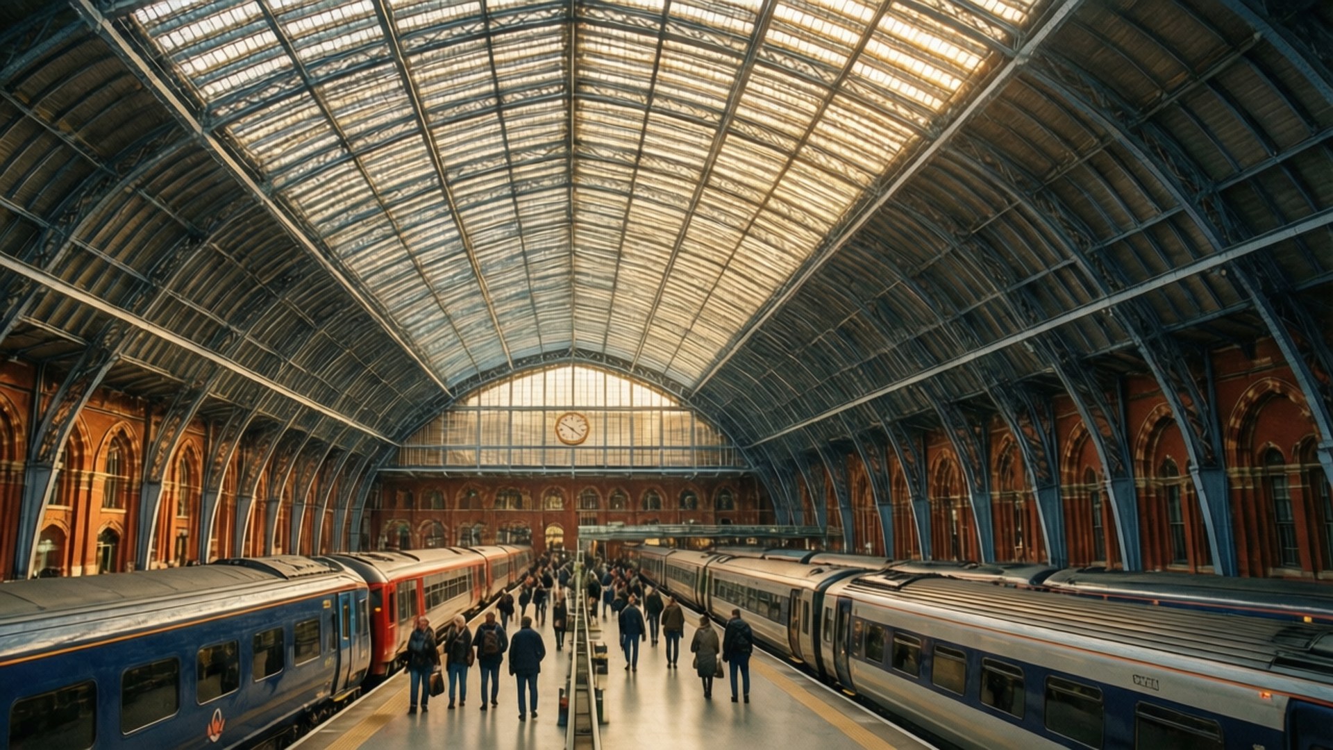 St Pancras Grandeur 壁紙 — 大型火車站，拱形玻璃屋頂和紅磚牆，兩列長火車之間擠滿了旅客。