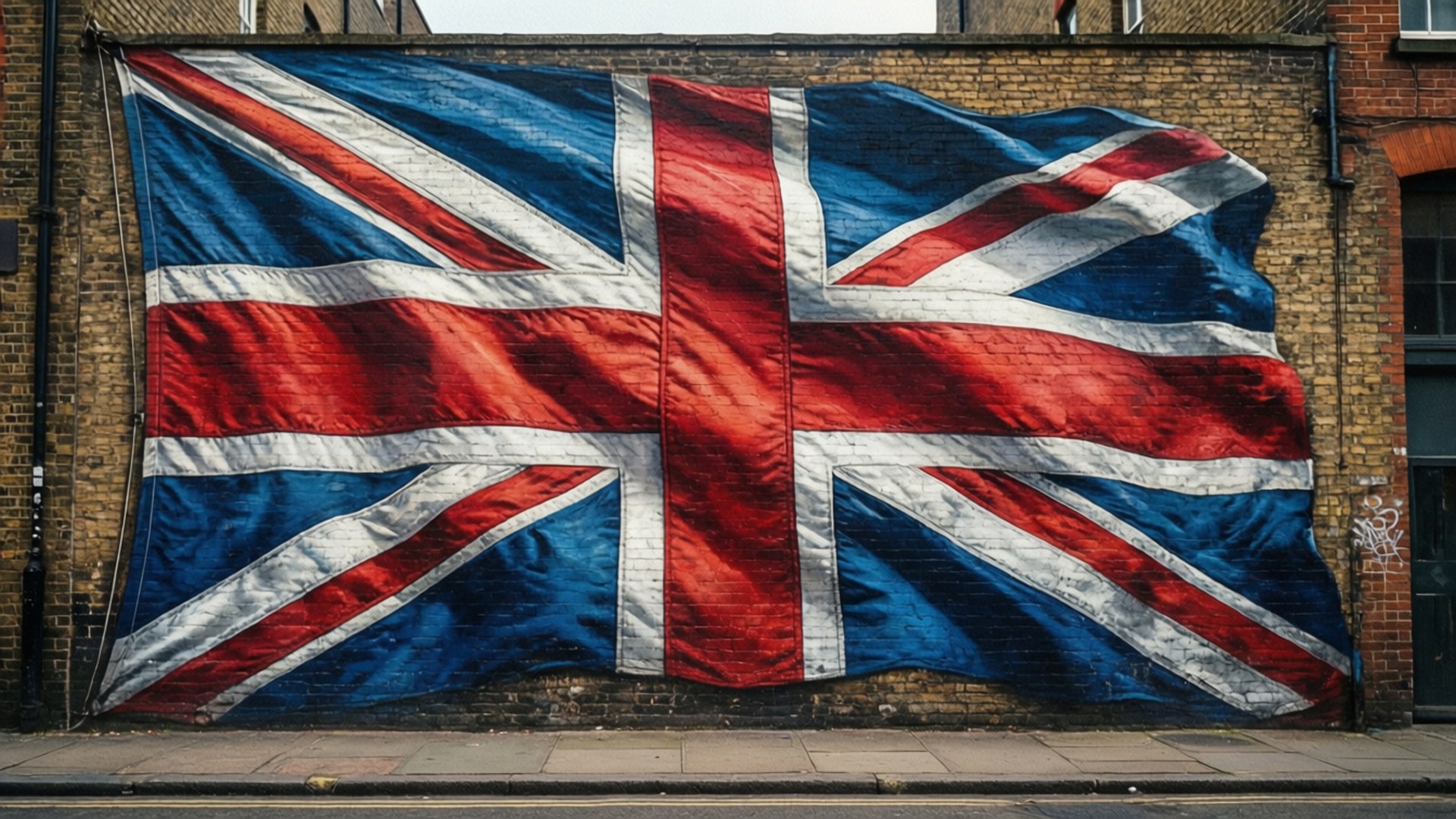 Brick Wall Mural Flag 壁紙 — 一幅大型有紋理的英國國旗，繪在磚牆上，帶有可見的摺痕和磨損邊緣。