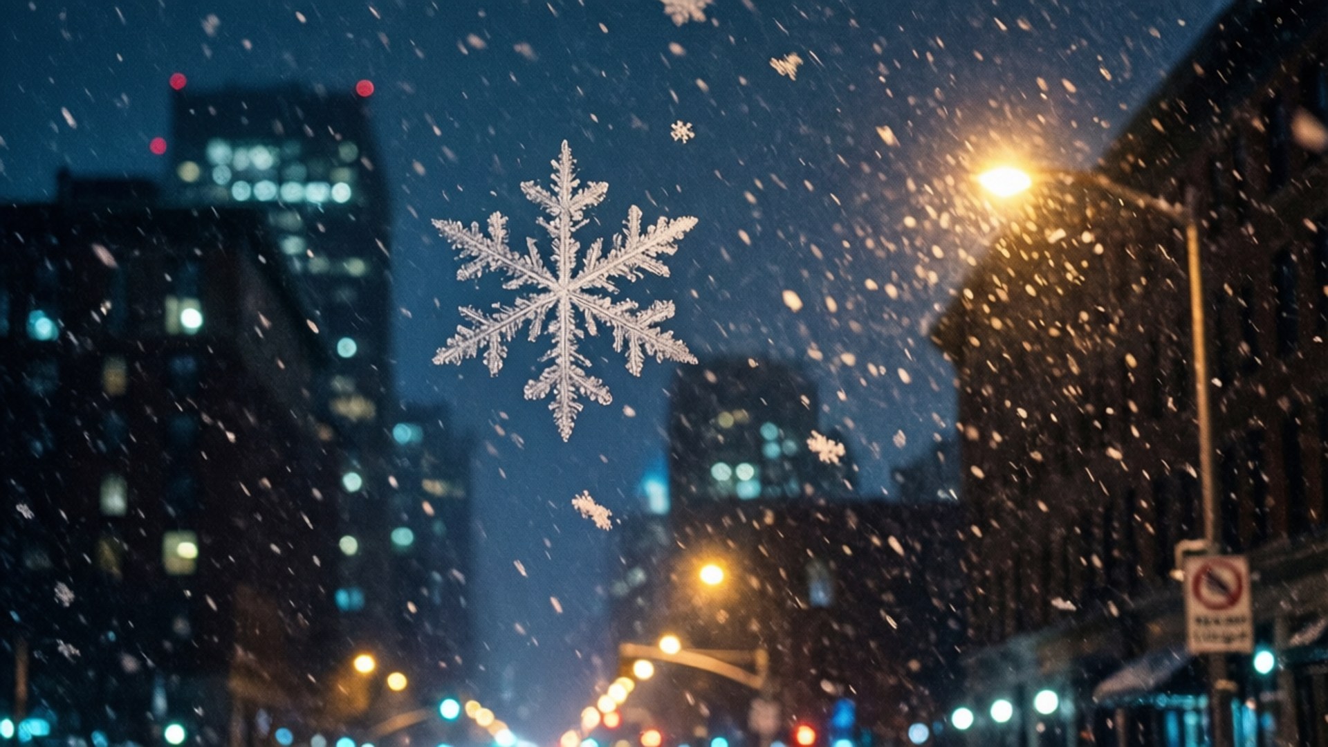 Snowy City Night 壁紙 — 一個大型複雜的雪花漂浮在夜晚積雪的街道前，有發光的街燈和模糊的建築物。