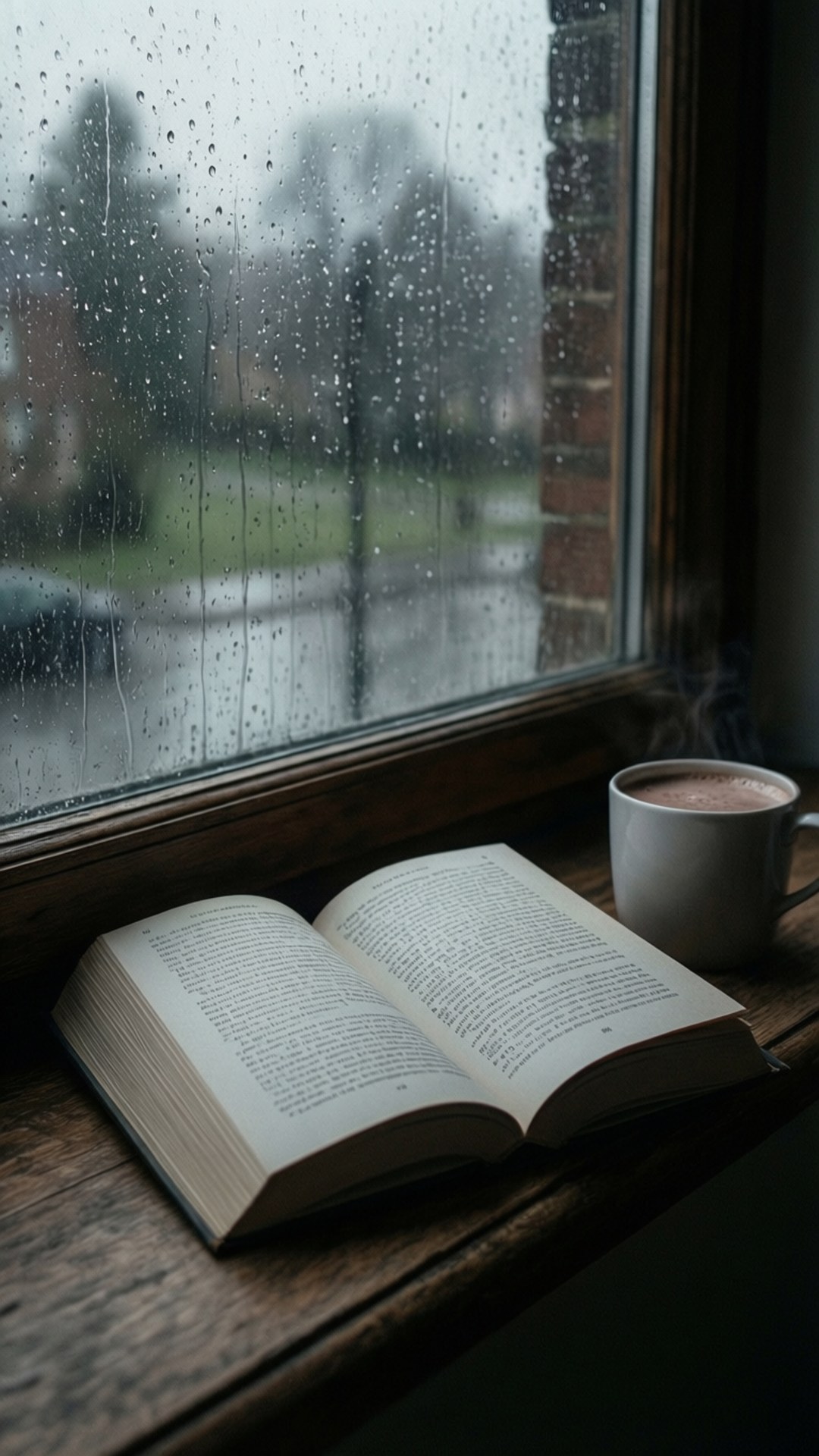 Rainy Day Reading 壁紙 — 一本打開的書和冒著蒸氣的馬克杯放在木窗台上，外面雨滴劃過玻璃。