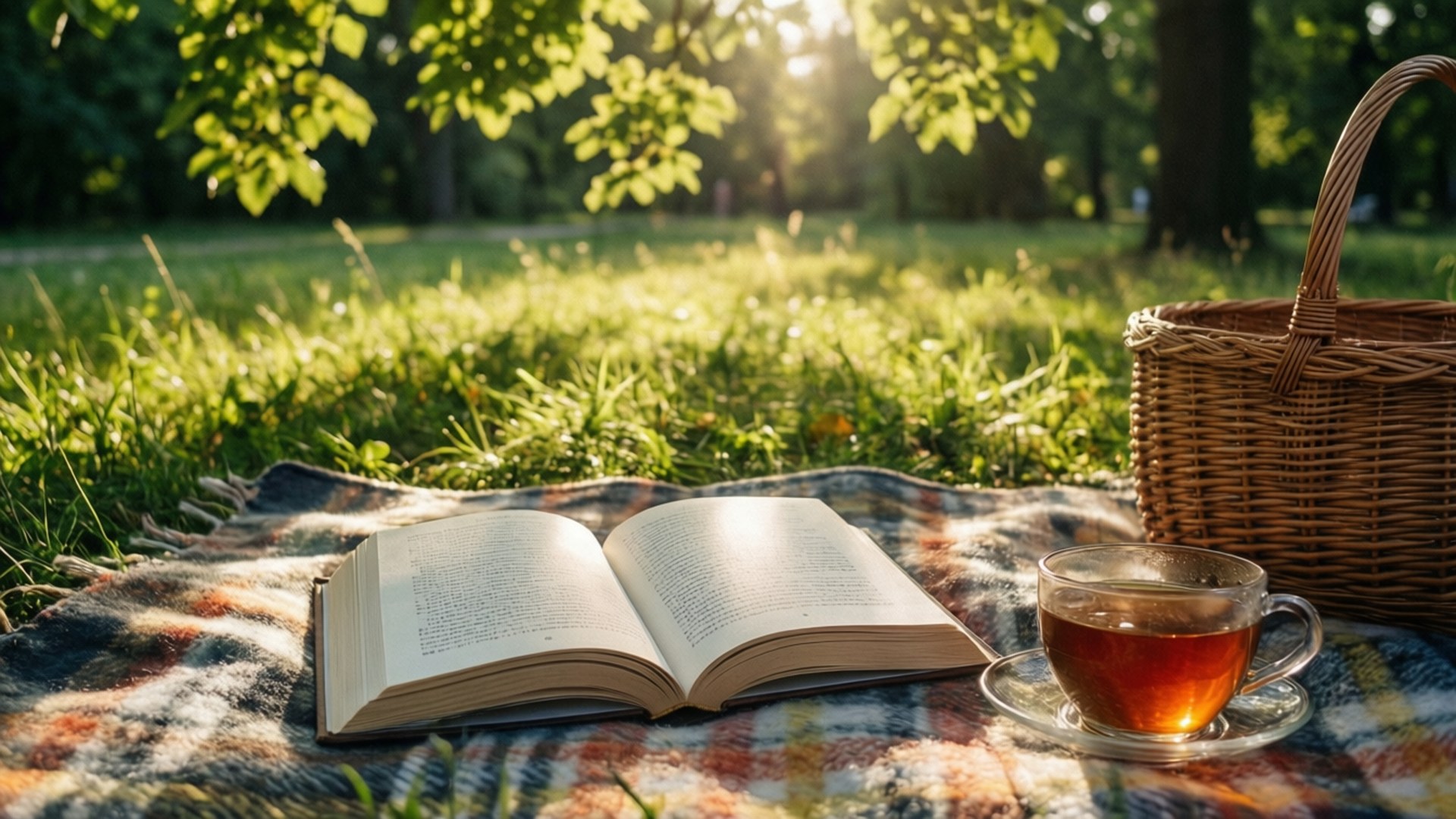 Friday Park Reading 壁紙 — 一本打開的書和一杯茶放在格子毯上，旁邊有一個柳條籃，在陽光下的草地上，樹葉茂密的樹下。