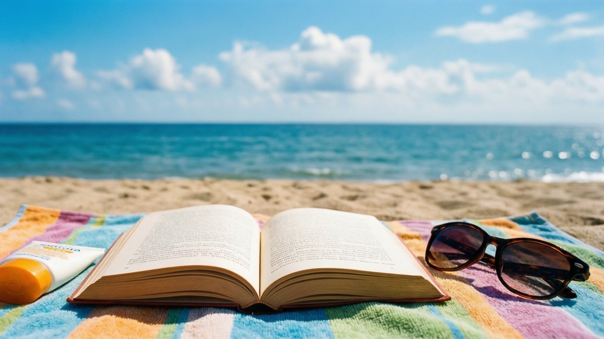Beach Read 壁紙 — 一本打開的書、防曬霜和太陽眼鏡放在沙灘上色彩繽紛的毛巾上，背景是碧綠的海洋和藍天。