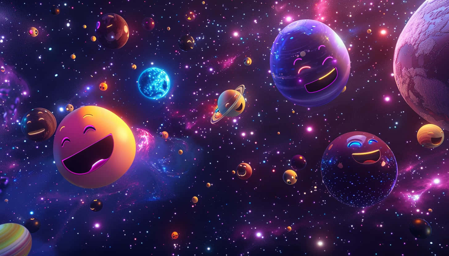  壁紙 — 帶有燦爛笑容的快樂表情符號行星漂浮在充滿星星和多彩天體的充滿活力的宇宙星雲中。