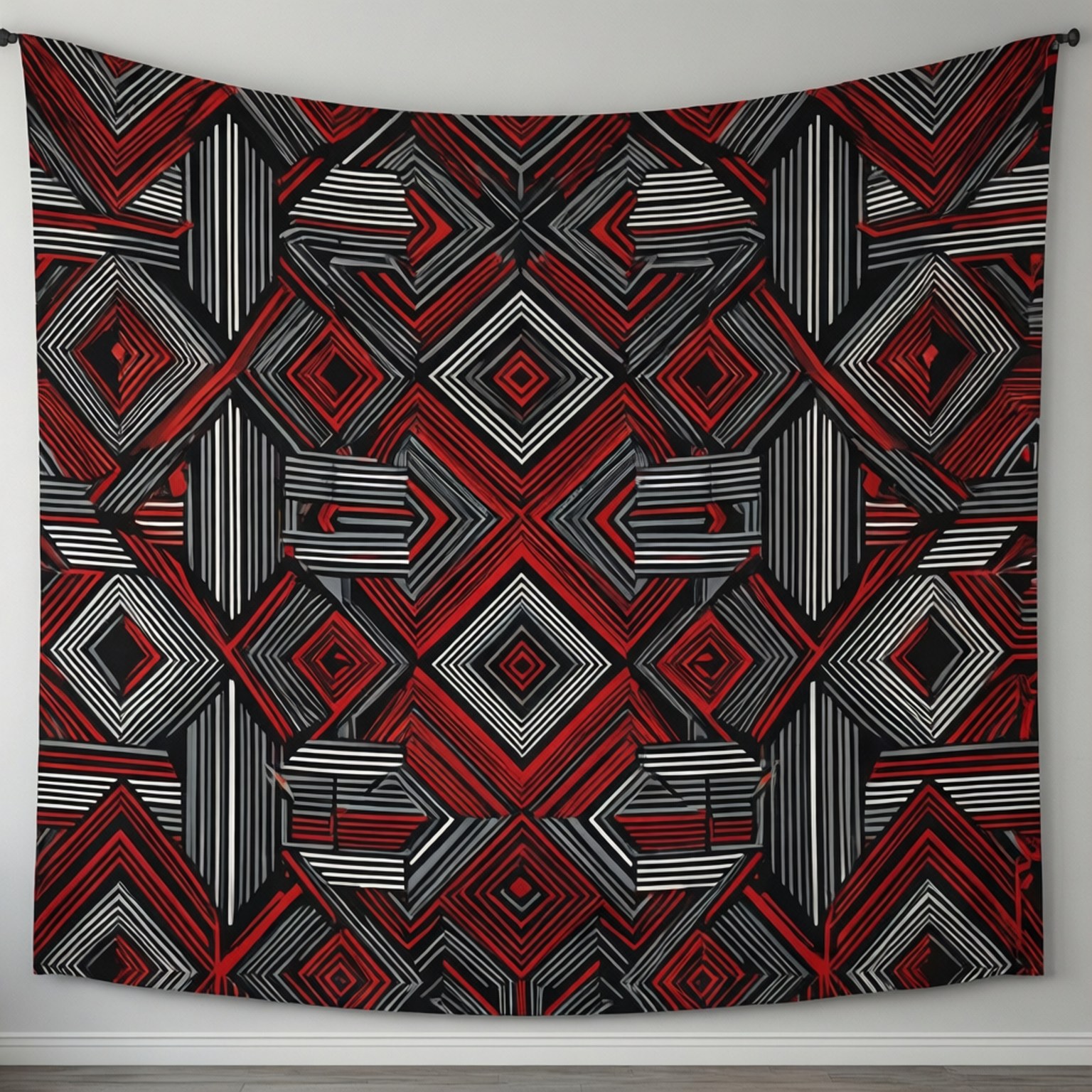 Verizon Geometric Pattern 壁紙 — 一幅大膽的幾何掛毯，帶有紅、黑、白色的菱形圖案，掛在素牆上。