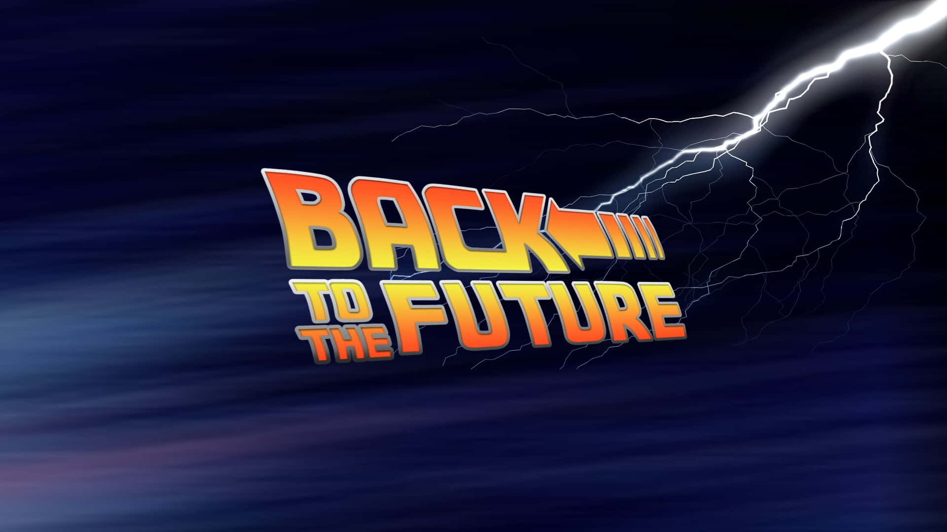  壁紙 — 大膽的復古未來主義標題「Back to the Future」在暴風雨的夜空中閃耀，伴隨著生動的閃電。