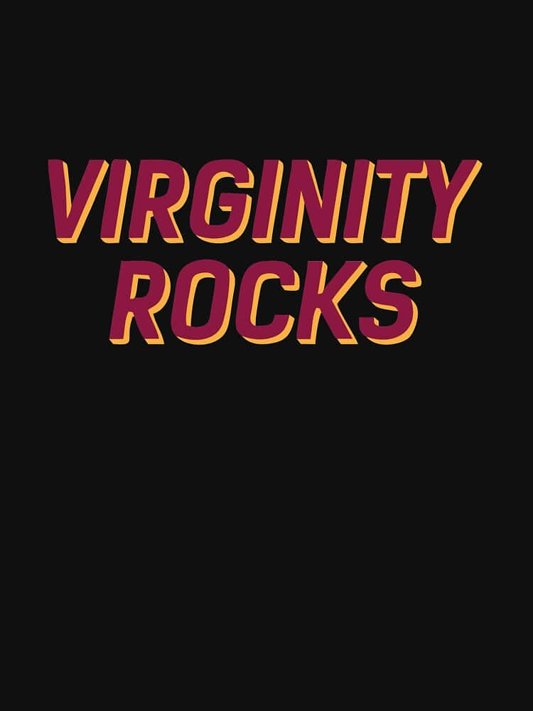  壁紙 — 大膽的栗色和金色3D文字，寫著virginity rocks，居中在純黑色背景上。