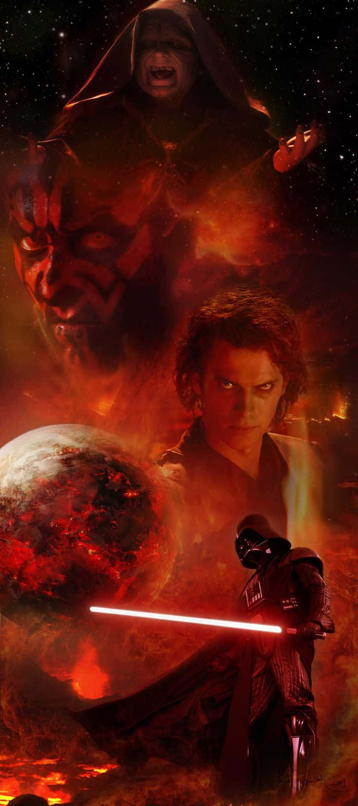 Anakin 桌布 壁紙 — 達斯維達手持紅色光劍，達斯摩爾和帕爾帕廷在太空中籠罩著一顆熾熱的行星。
