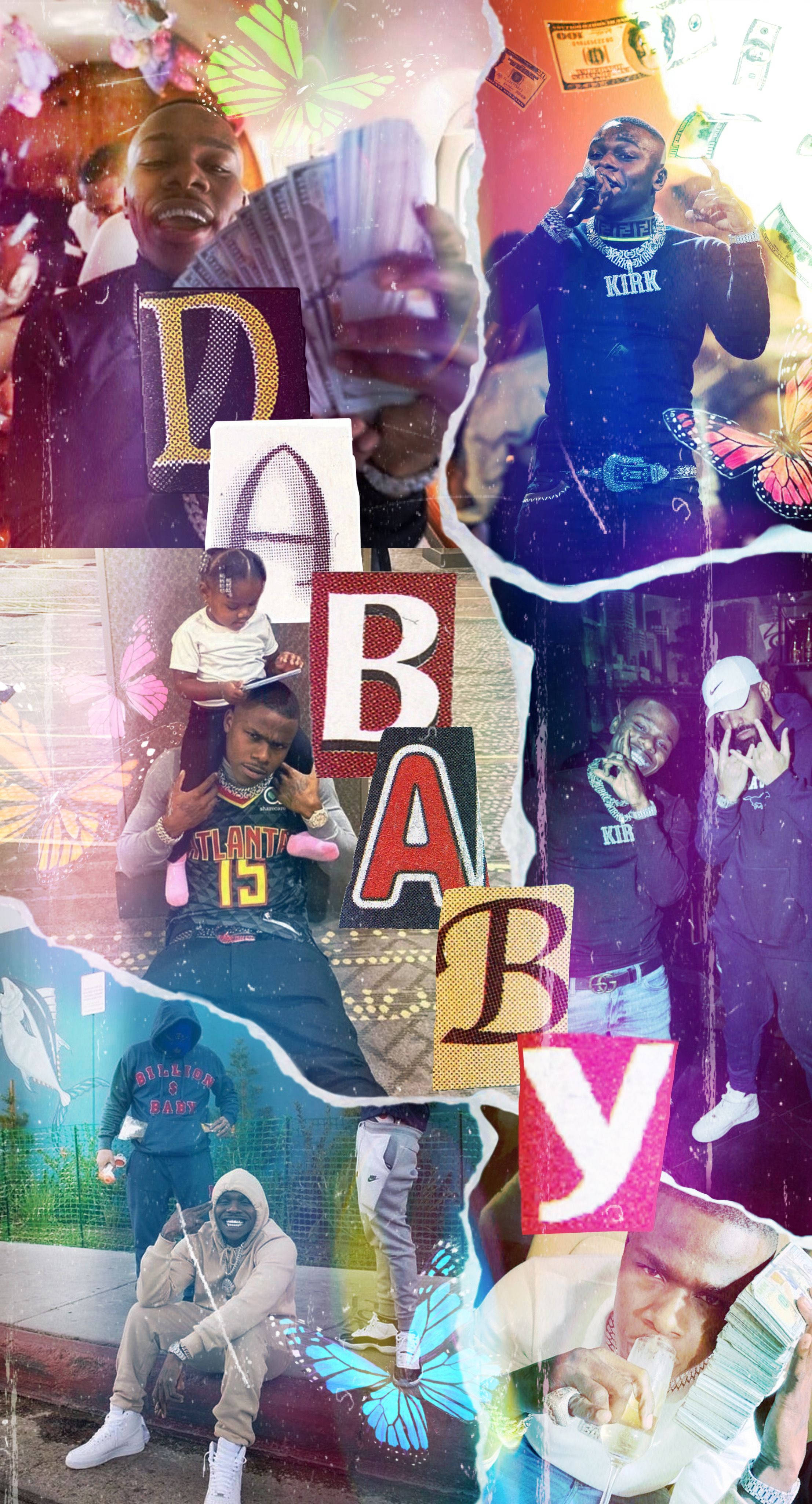 嘻哈 桌布 壁紙 — Dababy 以不同姿勢、金錢蝴蝶和粗體字組成的充滿活力的拼貼畫，營造出華麗的嘻哈氛圍。