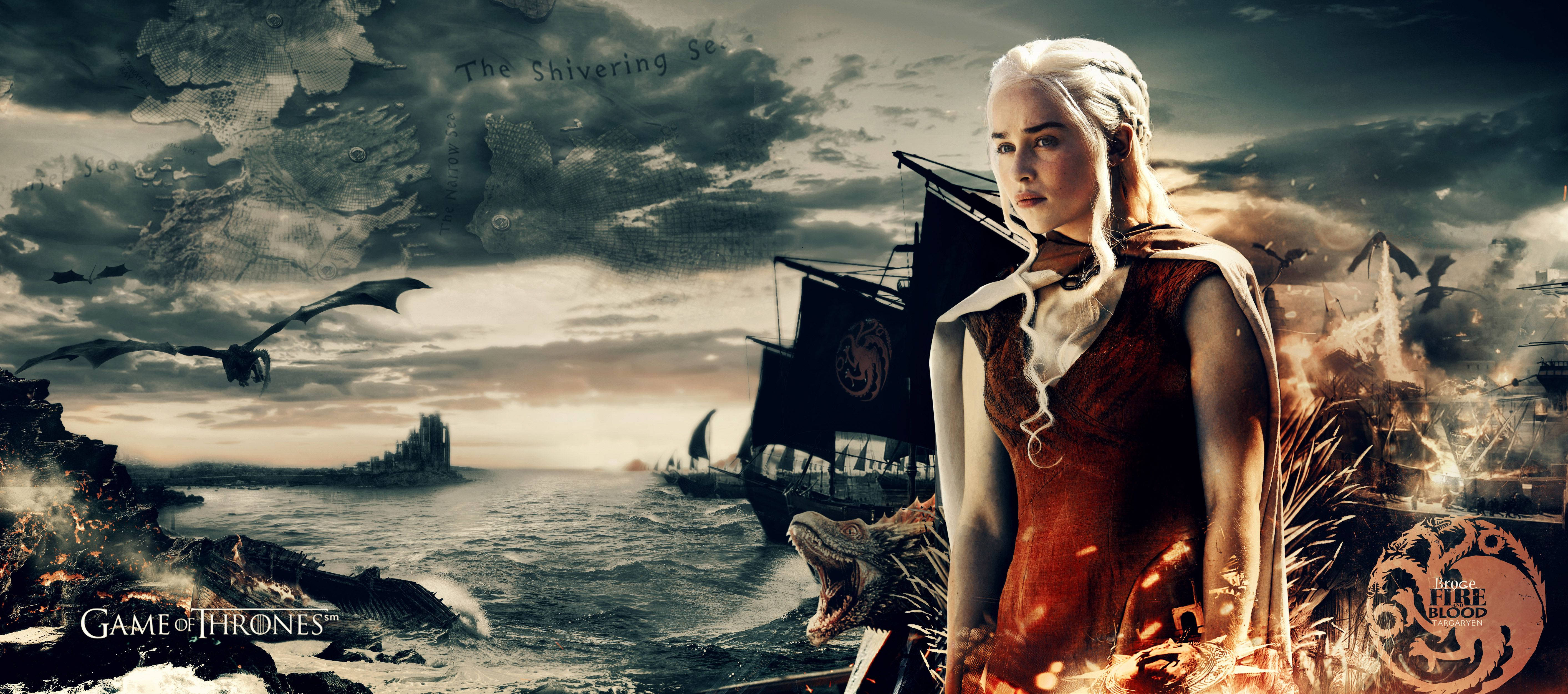 坦格利安家族 桌布 壁紙 — Daenerys Targaryen 站在風暴海洋前，頭上有龍飛過，遠處有城堡。