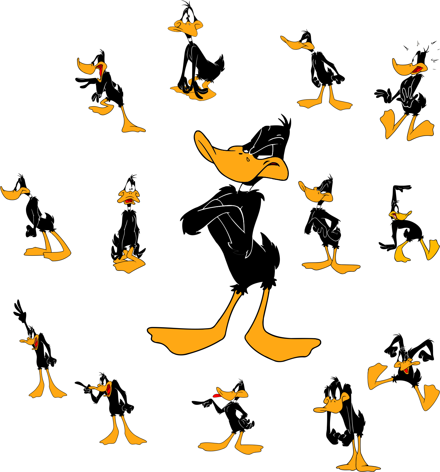 樂一通 桌布 壁紙 — Daffy Duck 以多種誇張卡通姿勢圍繞一個自信的中心姿勢。
