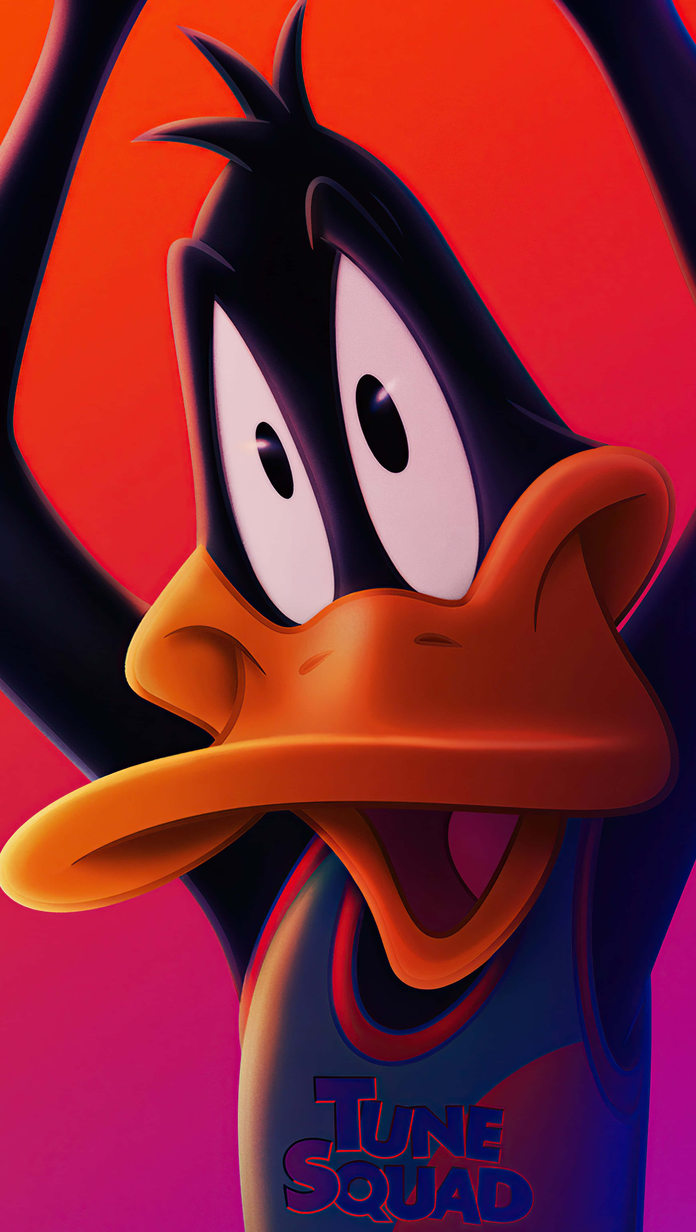 怪物奇兵 桌布 壁紙 — Daffy Duck 在充滿活力的漸變背景中，舉起雙臂，張開嘴巴，以動畫特寫鏡頭呈現。
